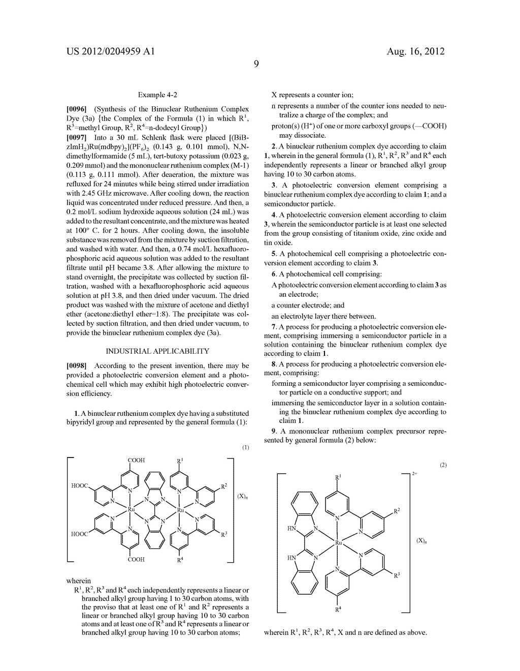 PHOTOELECTRIC CONVERSION ELEMENT COMPRISING BINUCLEAR RUTHENIUM COMPLEX     DYE HAVING SUBSTITUTED BIPYRIDYL GROUP, AND PHOTOCHEMICAL CELL - diagram, schematic, and image 10