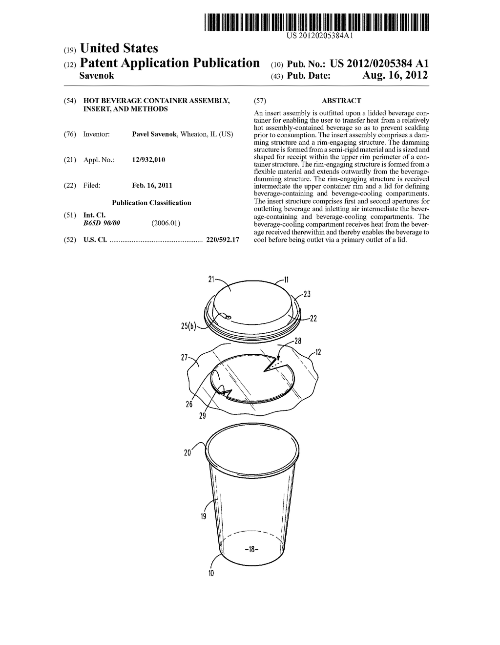 Hot beverage container assembly, insert, and methods - diagram, schematic, and image 01