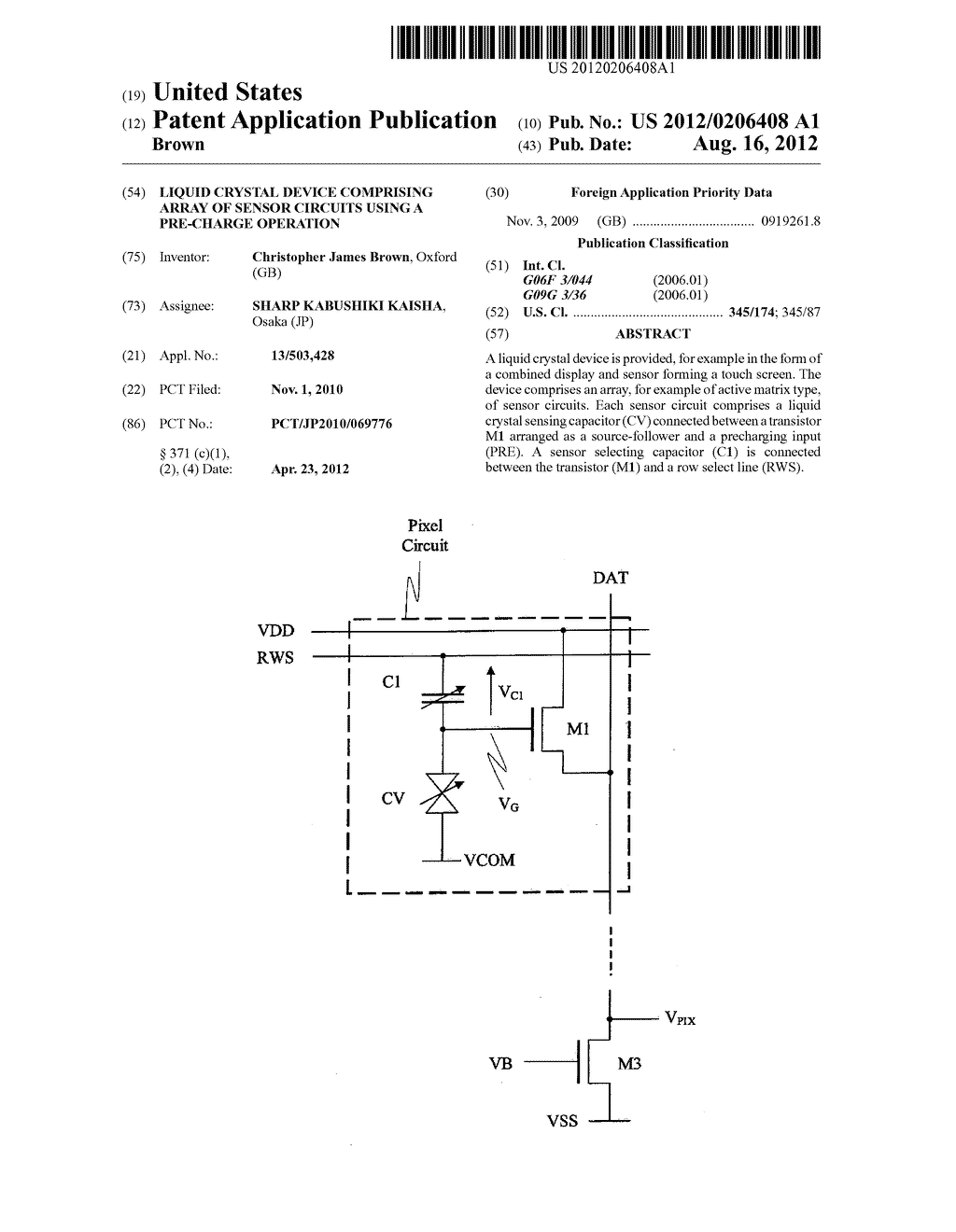 LIQUID CRYSTAL DEVICE COMPRISING ARRAY OF SENSOR CIRCUITS USING A     PRE-CHARGE OPERATION - diagram, schematic, and image 01