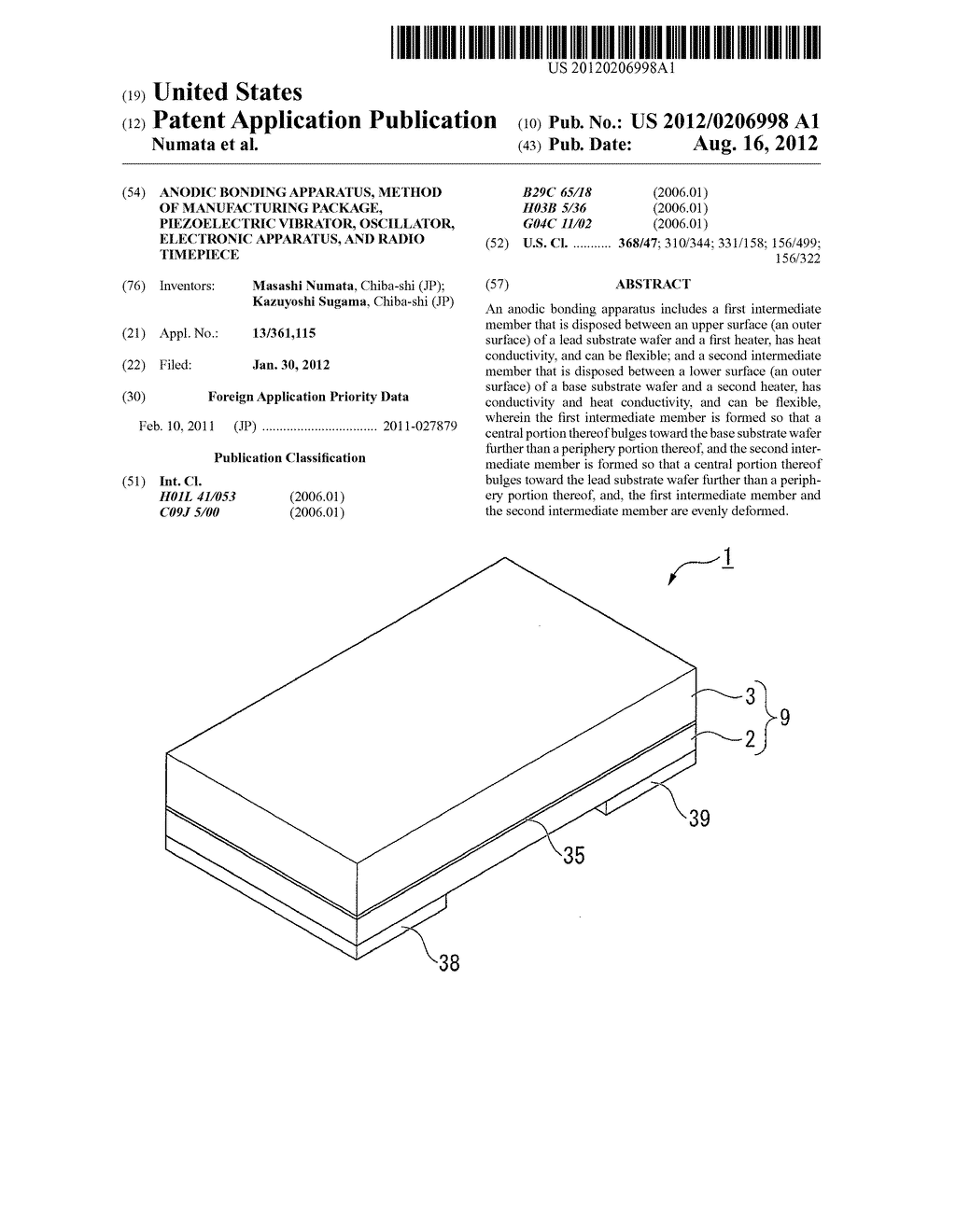 ANODIC BONDING APPARATUS, METHOD OF MANUFACTURING PACKAGE, PIEZOELECTRIC     VIBRATOR, OSCILLATOR, ELECTRONIC APPARATUS, AND RADIO TIMEPIECE - diagram, schematic, and image 01