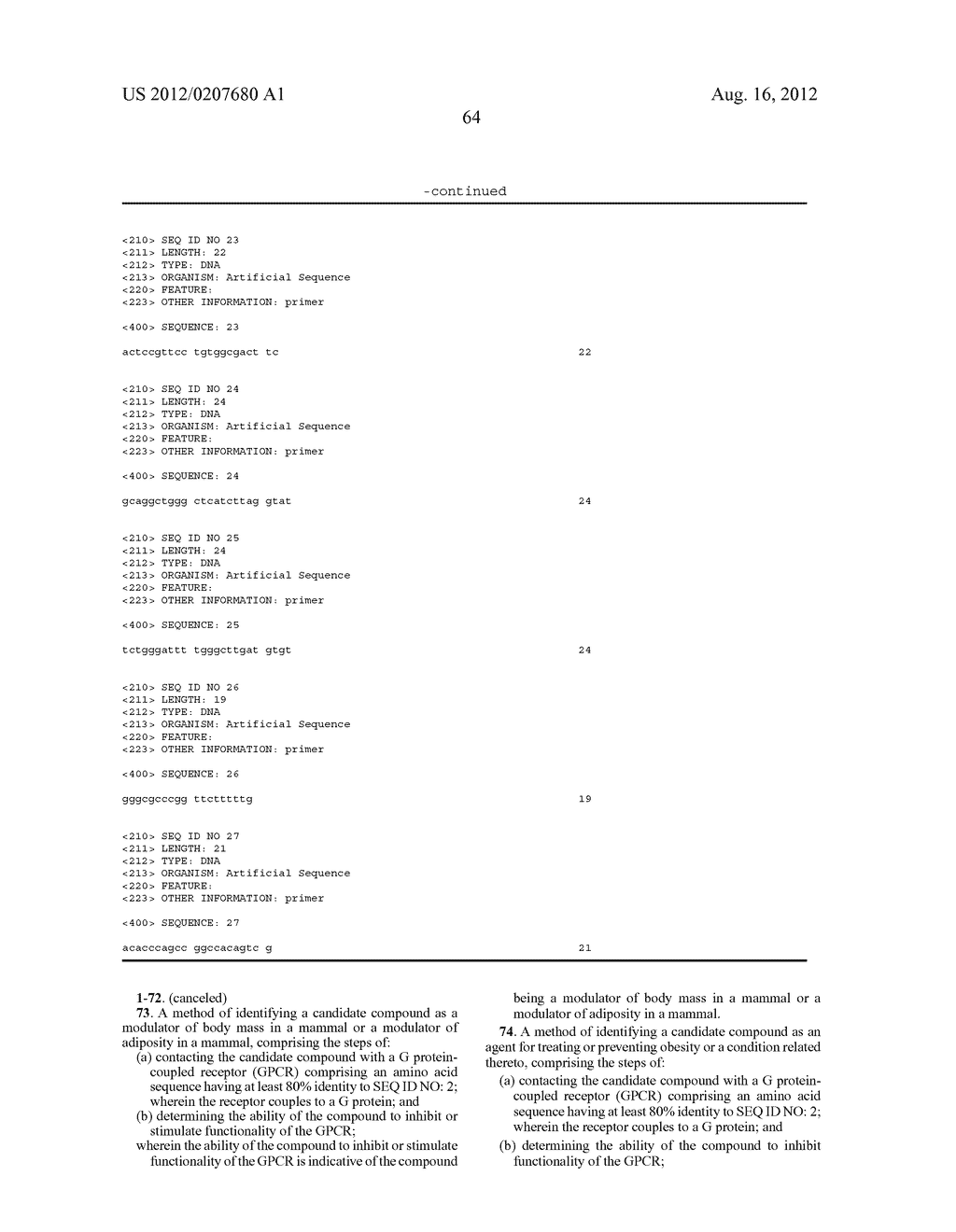 Methods of Identifying Candidate Compounds of the Human G Protein-Coupled     Receptor, GPR50, as Modulators of Body Mass or Adiposity - diagram, schematic, and image 78