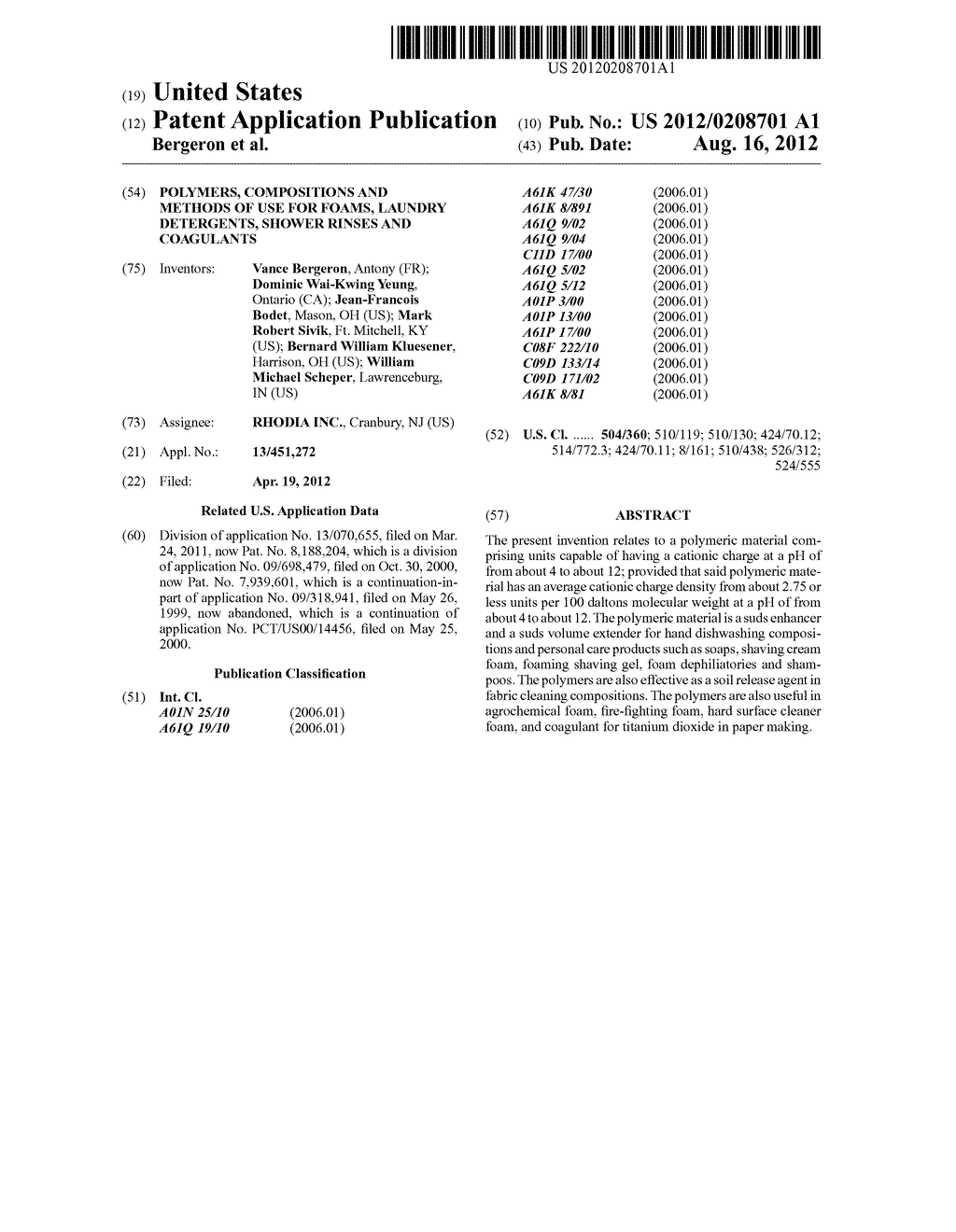 POLYMERS, COMPOSITIONS AND METHODS OF USE FOR FOAMS, LAUNDRY DETERGENTS,     SHOWER RINSES AND COAGULANTS - diagram, schematic, and image 01