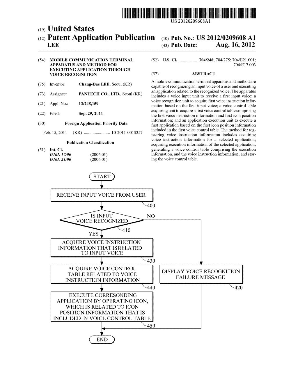 MOBILE COMMUNICATION TERMINAL APPARATUS AND METHOD FOR EXECUTING     APPLICATION THROUGH VOICE RECOGNITION - diagram, schematic, and image 01