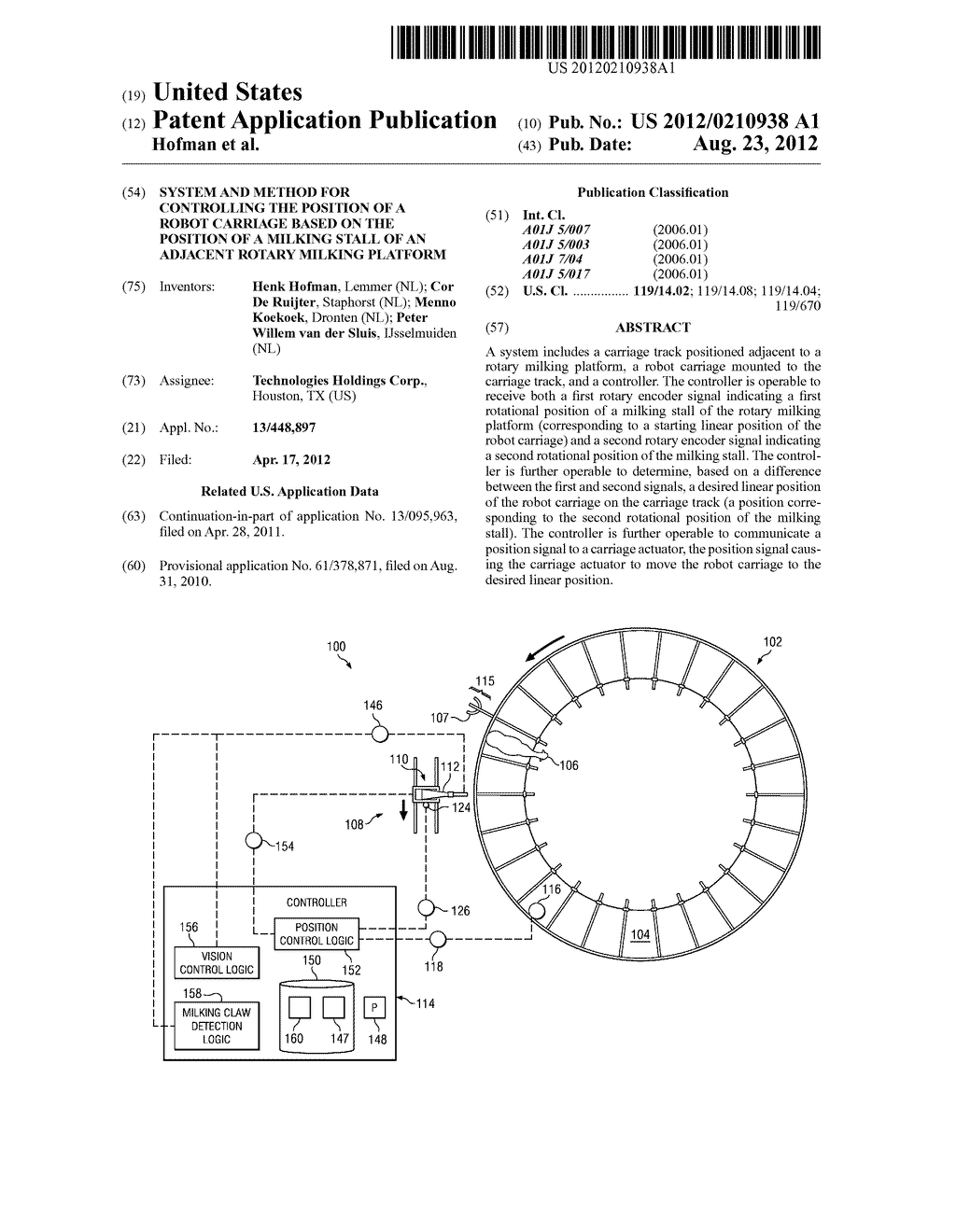 System and Method for Controlling the Position of a Robot Carriage Based     on the Position of a Milking Stall of an Adjacent Rotary Milking Platform - diagram, schematic, and image 01