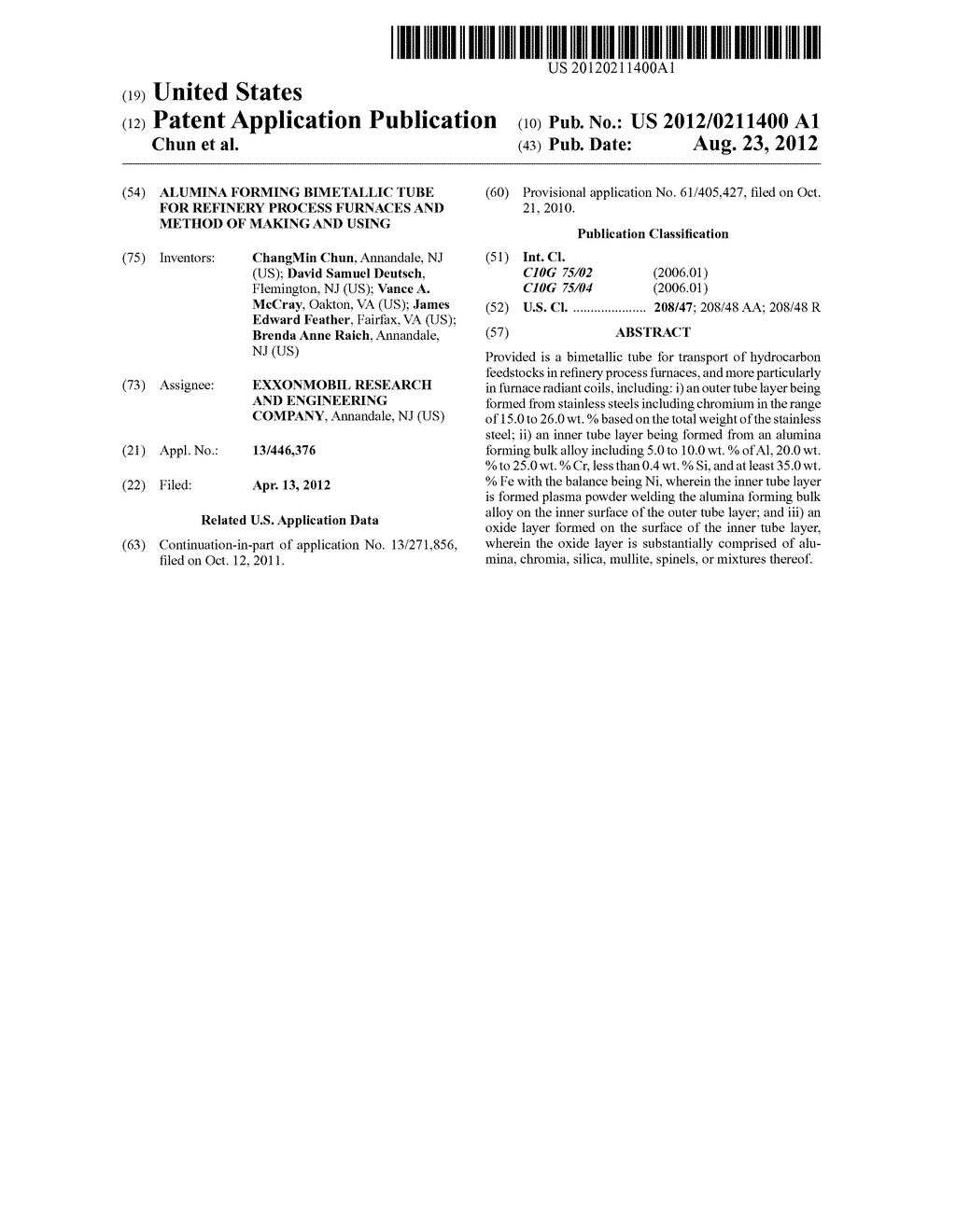 Alumina Forming Bimetallic Tube for Refinery Process Furnaces and Method     of Making and Using - diagram, schematic, and image 01