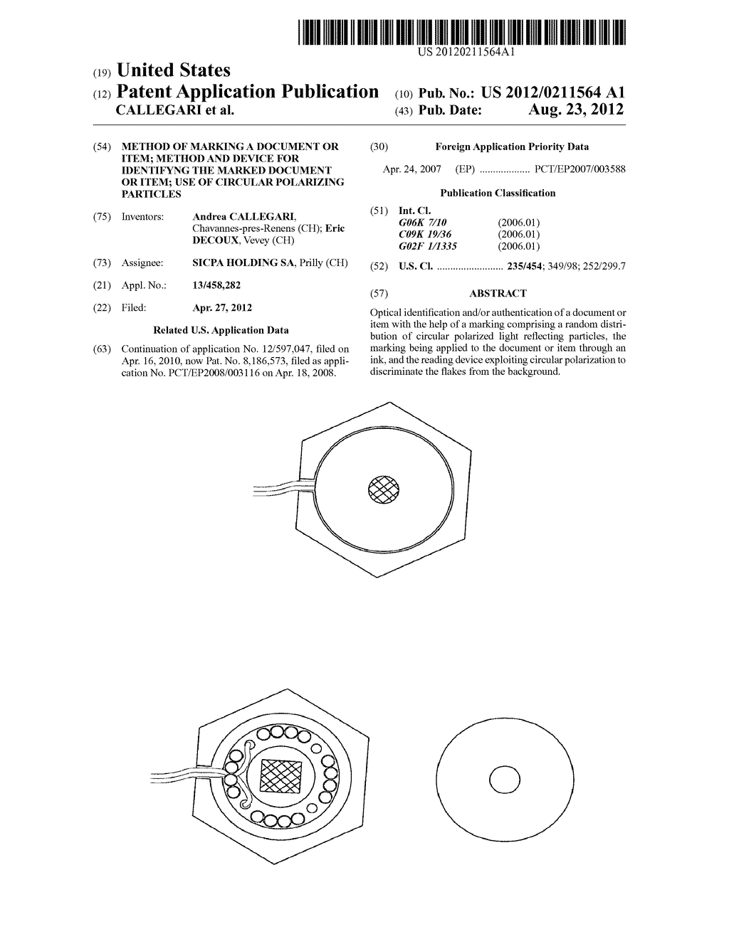 METHOD OF MARKING A DOCUMENT OR ITEM; METHOD AND DEVICE FOR IDENTIFYNG THE     MARKED DOCUMENT OR ITEM; USE OF CIRCULAR POLARIZING PARTICLES - diagram, schematic, and image 01