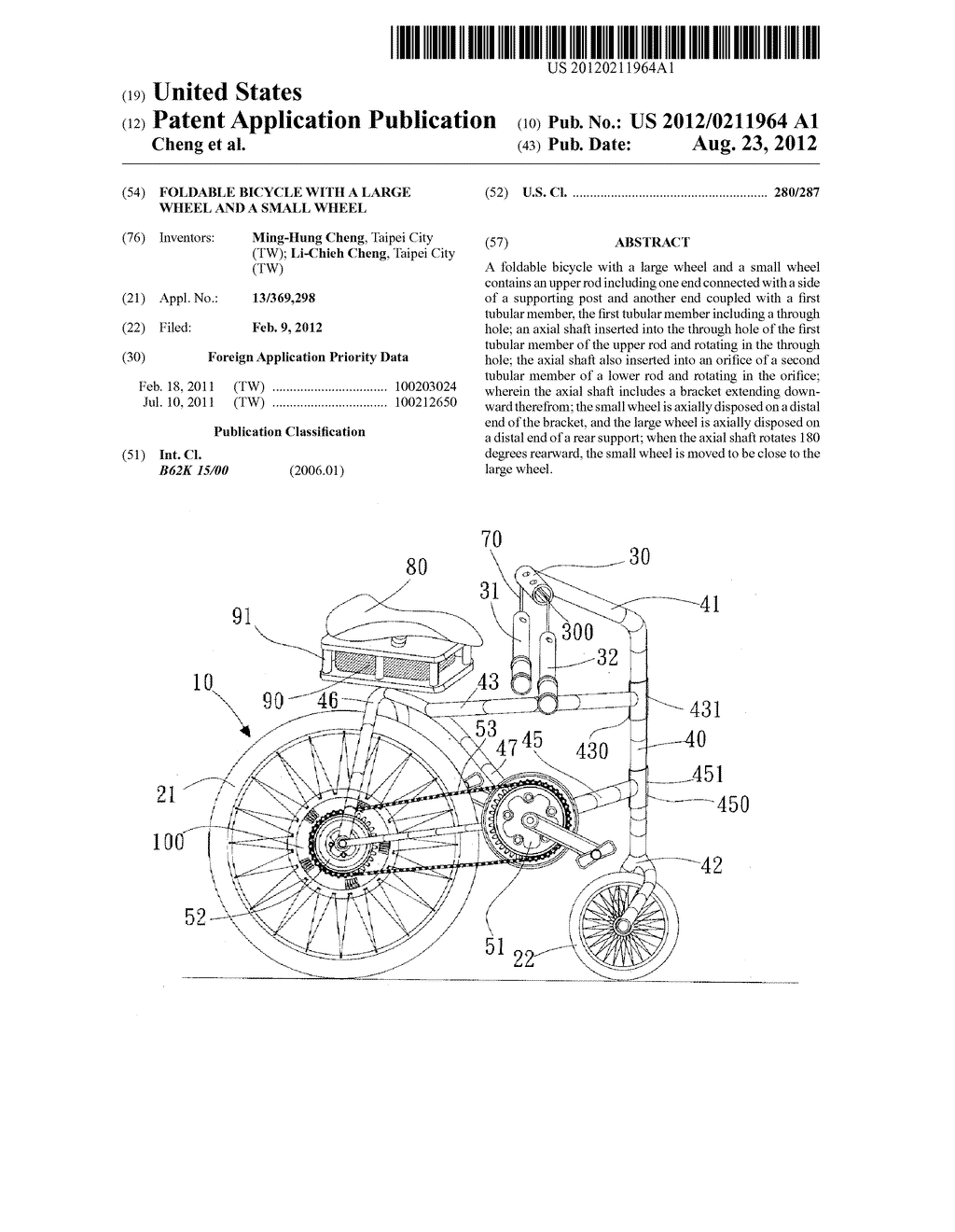 FOLDABLE BICYCLE WITH A LARGE WHEEL AND A SMALL WHEEL - diagram, schematic, and image 01