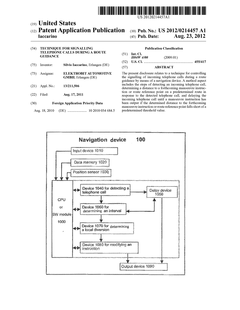 TECHNIQUE FOR SIGNALLING TELEPHONE CALLS DURING A ROUTE GUIDANCE - diagram, schematic, and image 01