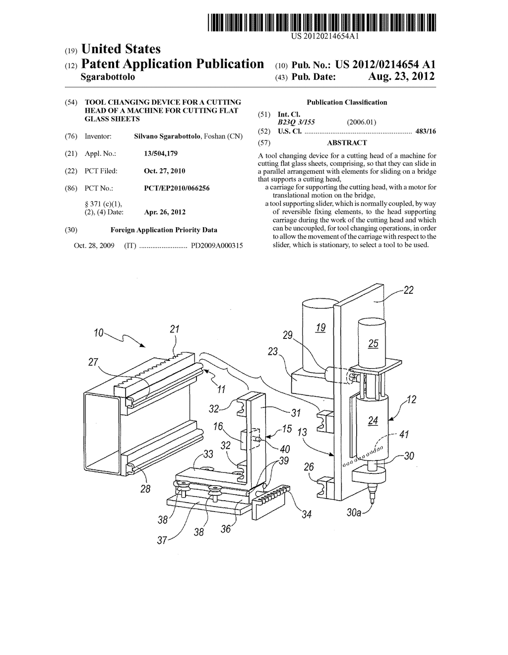 TOOL CHANGING DEVICE FOR A CUTTING HEAD OF A MACHINE FOR CUTTING FLAT     GLASS SHEETS - diagram, schematic, and image 01