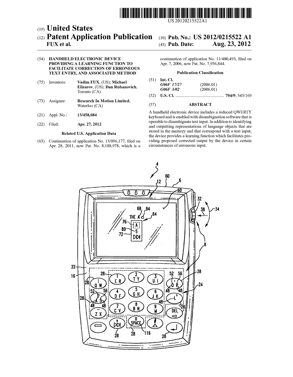 HANDHELD ELECTRONIC DEVICE PROVIDING A LEARNING FUNCTION TO FACILITATE     CORRECTION OF ERRONEOUS TEXT ENTRY, AND ASSOCIATED METHOD - diagram, schematic, and image 01