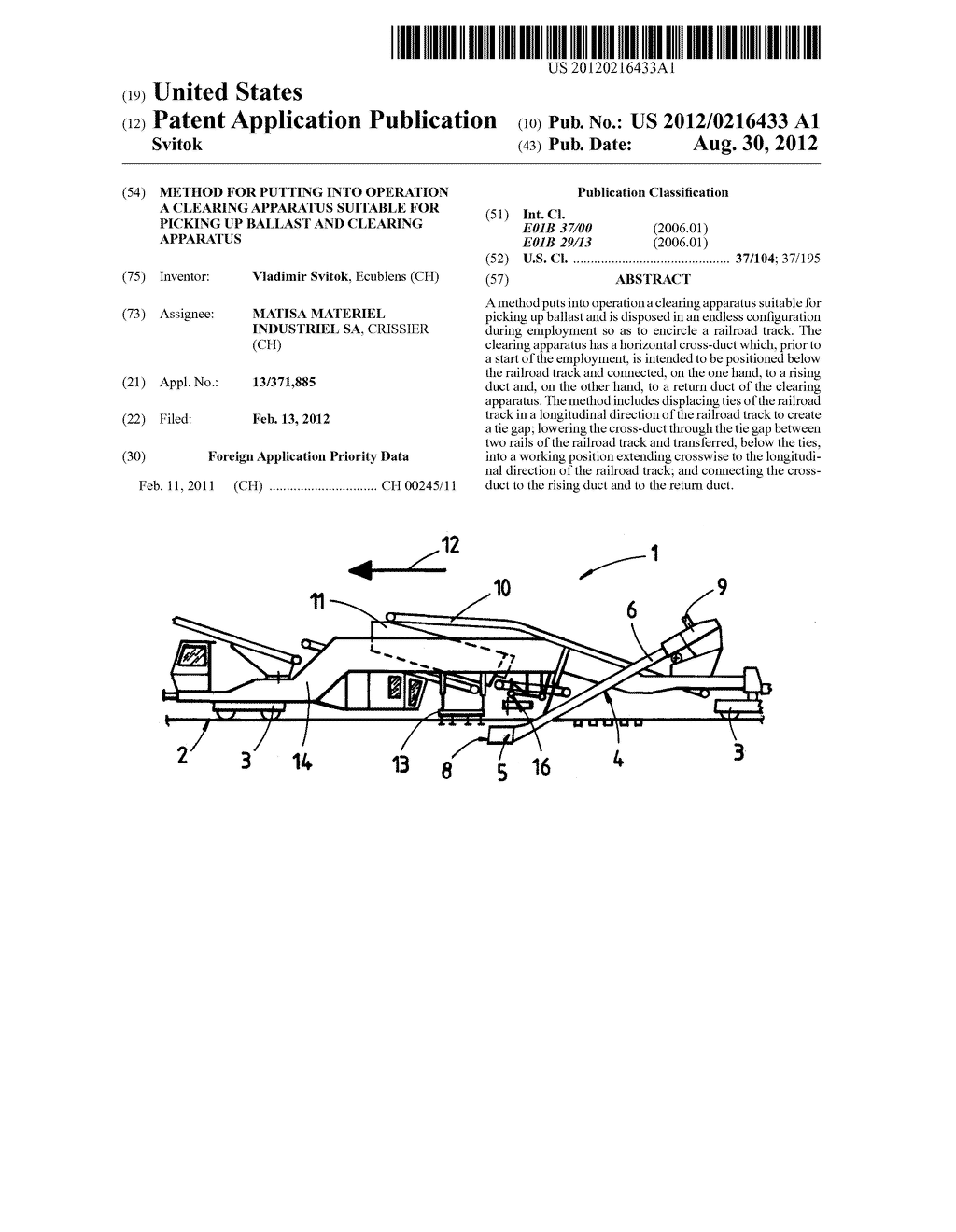 METHOD FOR PUTTING INTO OPERATION A CLEARING APPARATUS SUITABLE FOR     PICKING UP BALLAST AND CLEARING APPARATUS - diagram, schematic, and image 01