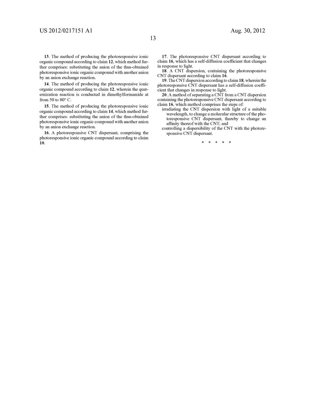 PHOTORESPONSIVE IONIC ORGANIC COMPOUND, METHOD OF PRODUCING THE SAME, AND     PHOTORESPONSIVE CARBON NANOTUBE DISPERSANT COMPRISING SAID IONIC ORGANIC     COMPOUND - diagram, schematic, and image 23