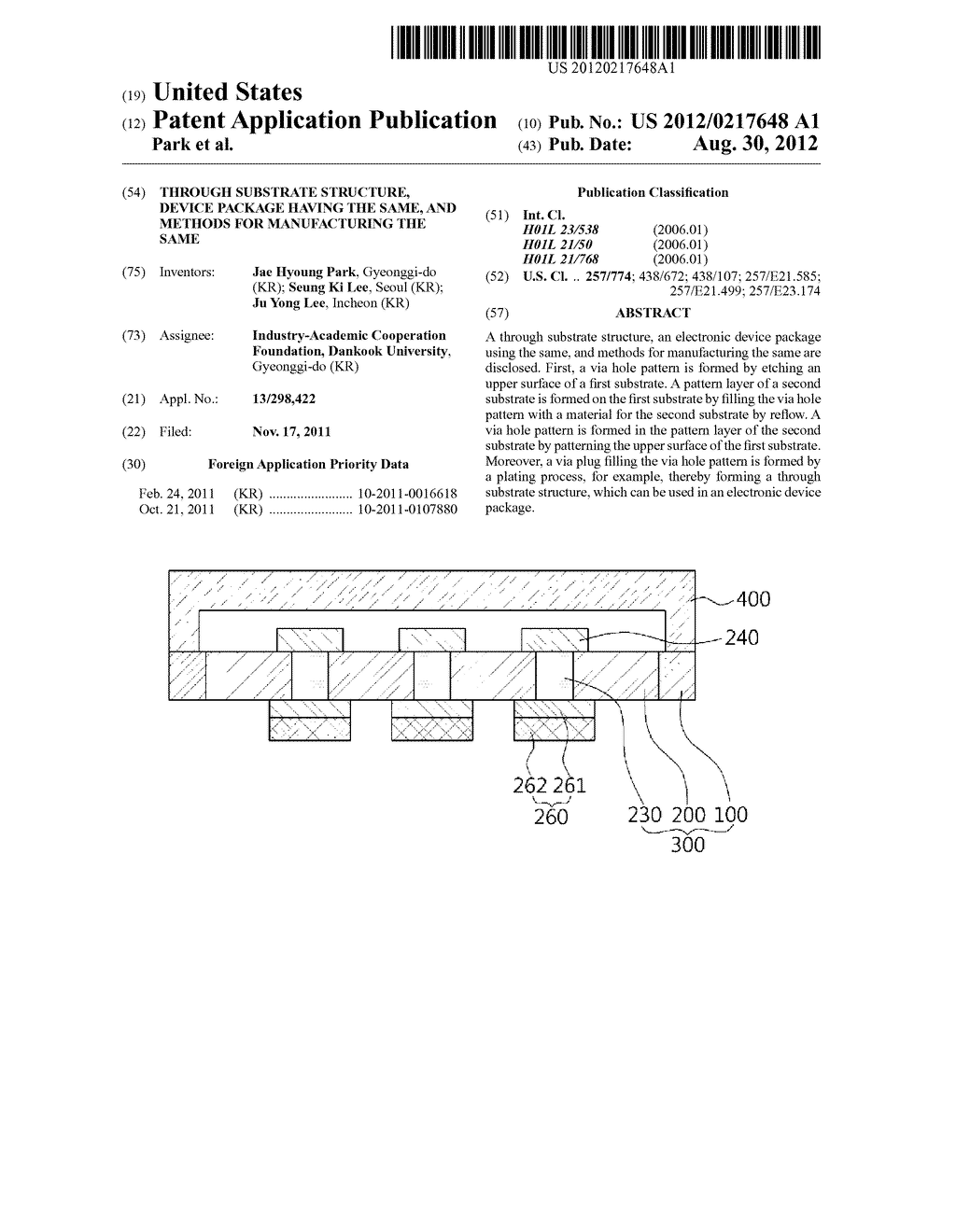 THROUGH SUBSTRATE STRUCTURE, DEVICE PACKAGE HAVING THE SAME, AND METHODS     FOR MANUFACTURING THE SAME - diagram, schematic, and image 01