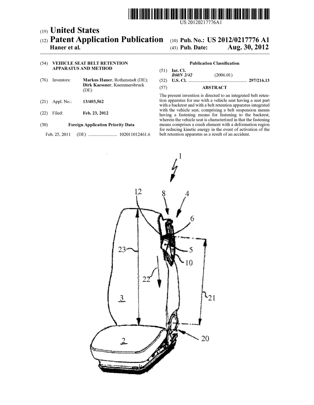 VEHICLE SEAT BELT RETENTION APPARATUS AND METHOD - diagram, schematic, and image 01