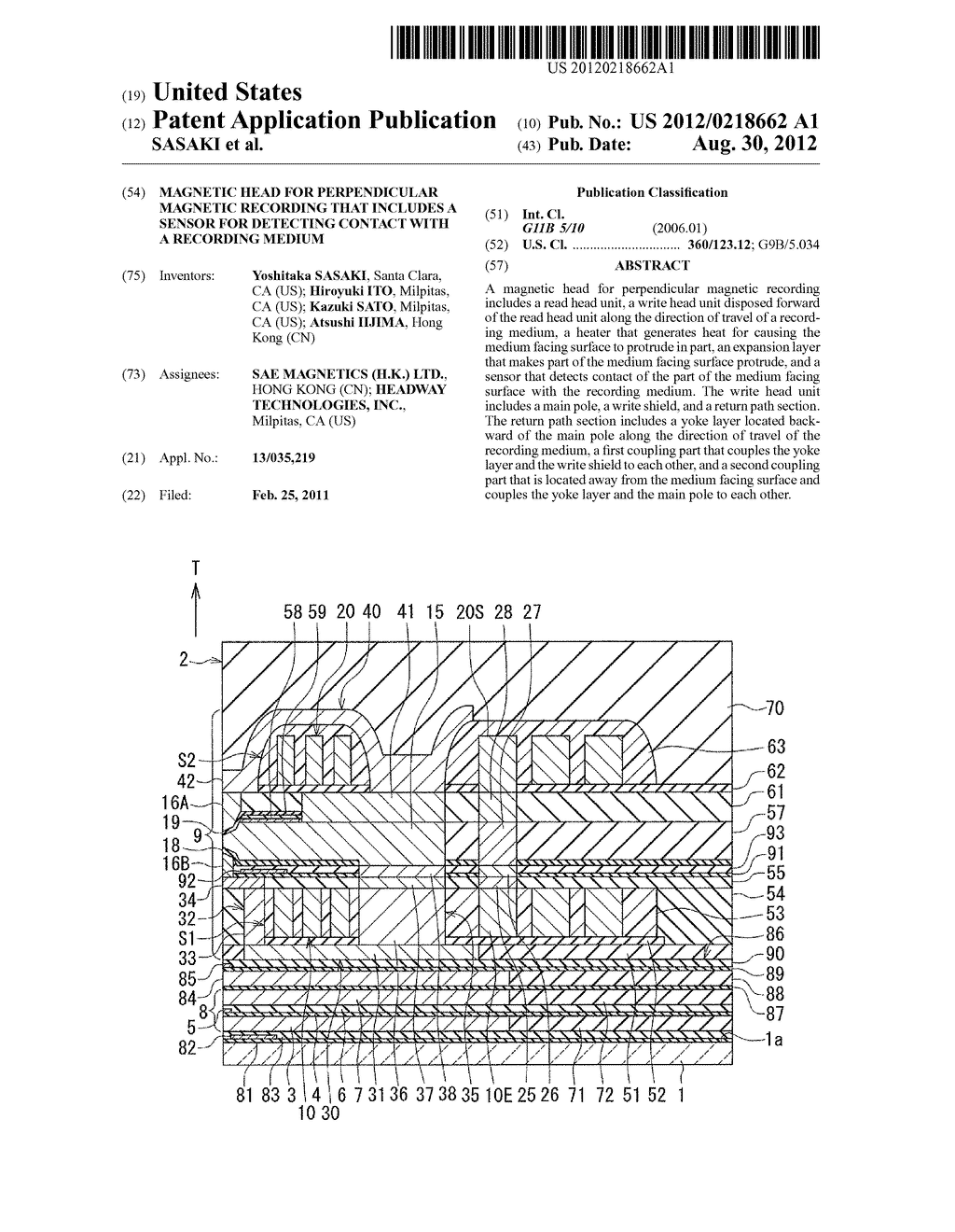 MAGNETIC HEAD FOR PERPENDICULAR MAGNETIC RECORDING THAT INCLUDES A SENSOR     FOR DETECTING CONTACT WITH A RECORDING MEDIUM - diagram, schematic, and image 01