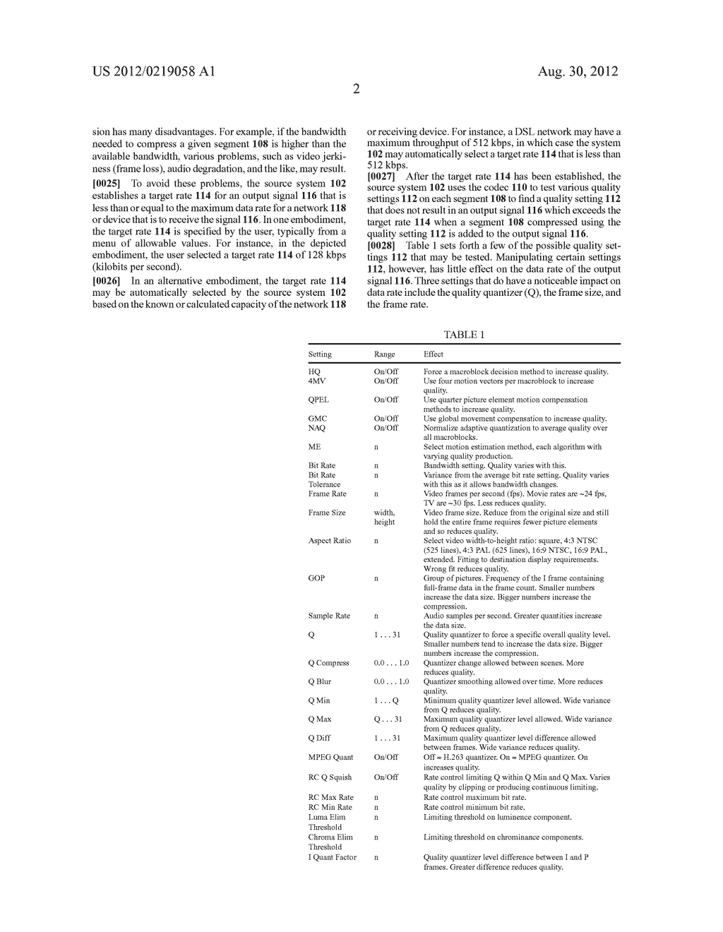 SYSTEM AND METHOD FOR DYNAMICALLY SWITCHING QUALITY SETTINGS OF A CODEC TO     MAINTAIN A TARGET DATA RATE - diagram, schematic, and image 12