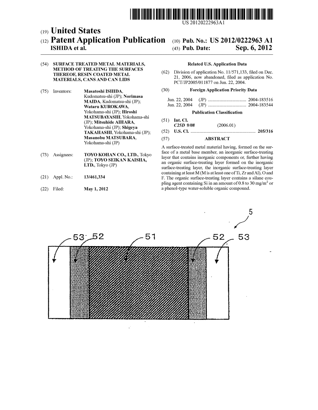 Surface Treated Metal Materials, Method of Treating the Surfaces Thereof,     Resin Coated Metal Materials, Cans and Can Lids - diagram, schematic, and image 01