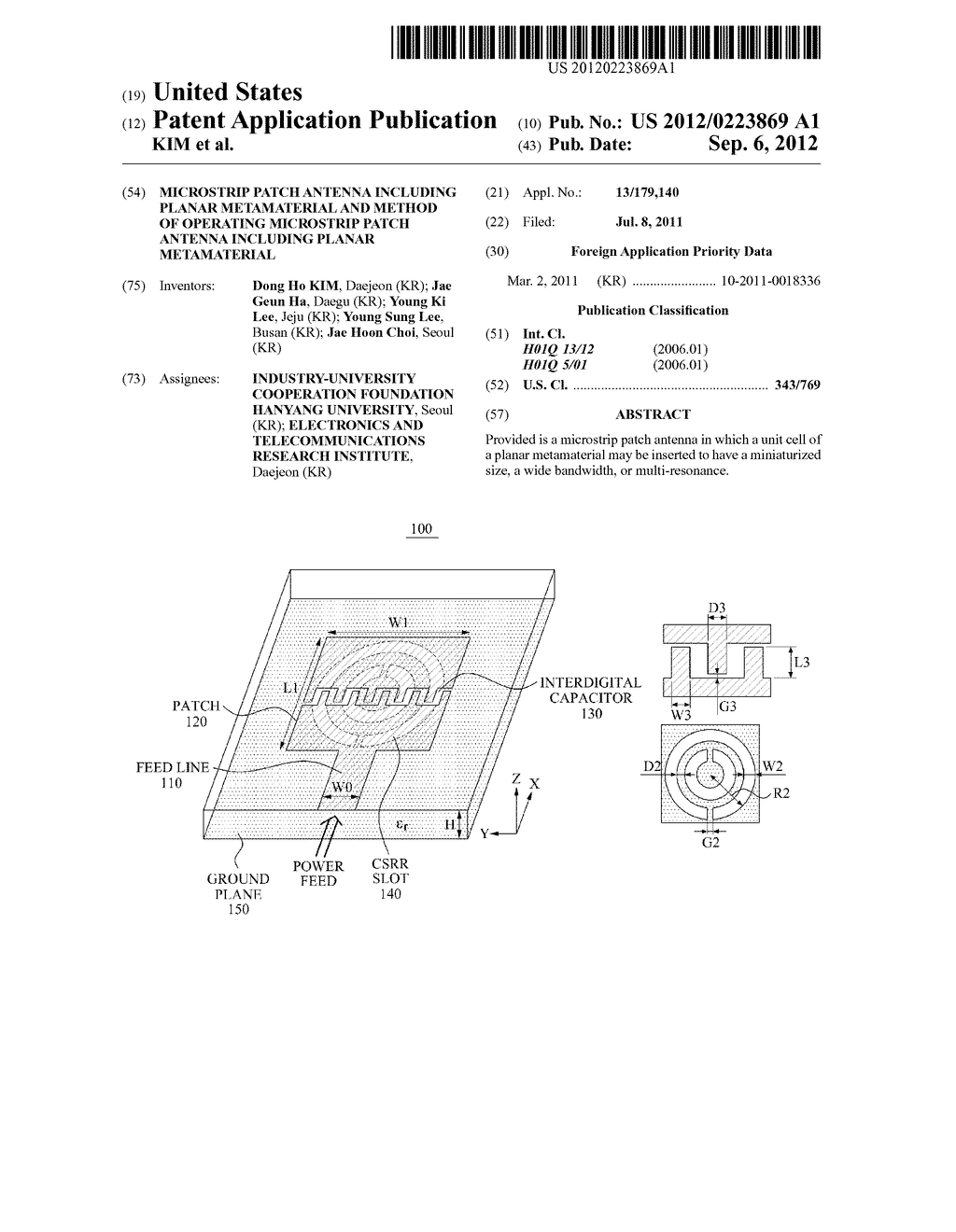 MICROSTRIP PATCH ANTENNA INCLUDING PLANAR METAMATERIAL AND METHOD OF     OPERATING MICROSTRIP PATCH ANTENNA INCLUDING PLANAR METAMATERIAL - diagram, schematic, and image 01