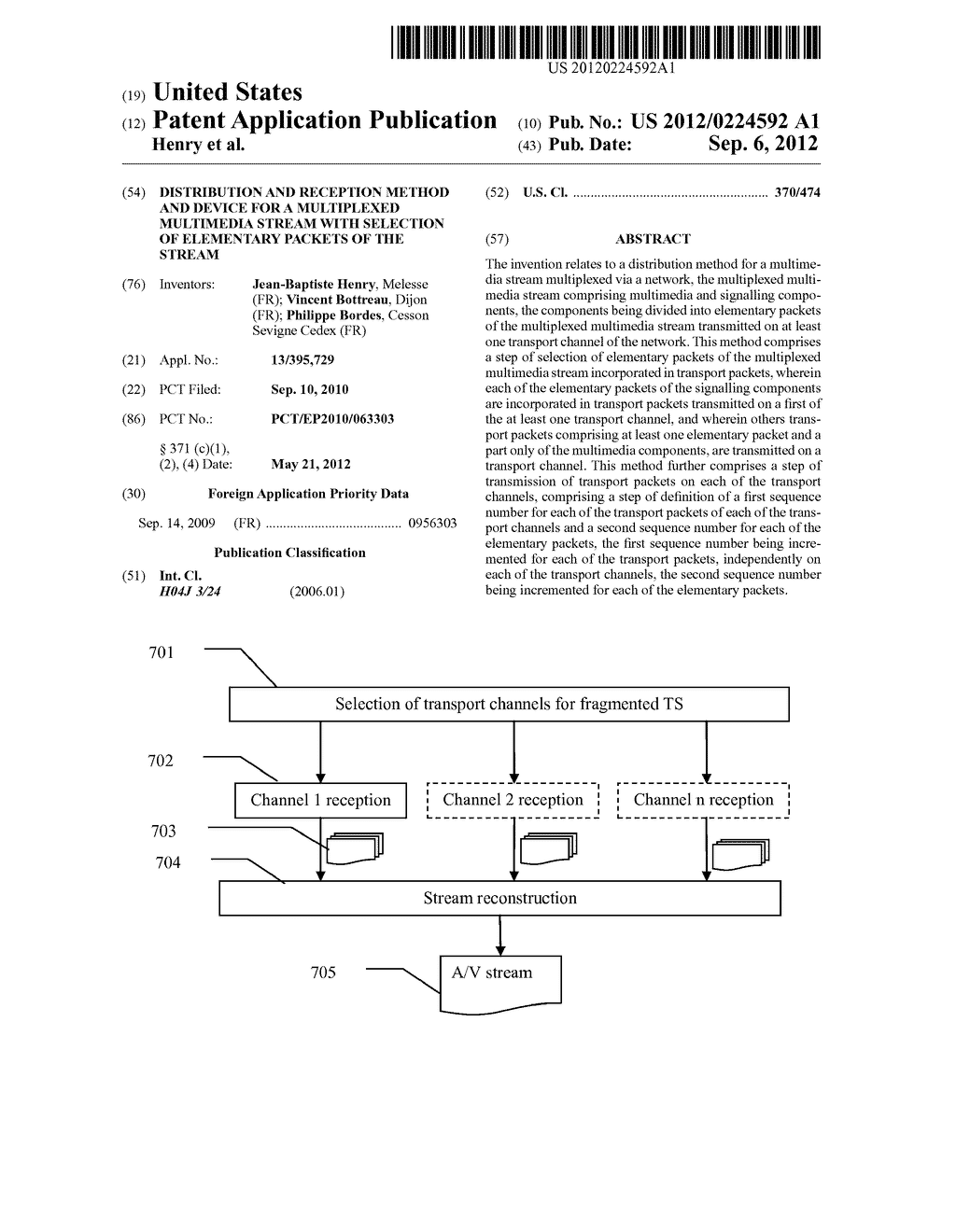 DISTRIBUTION AND RECEPTION METHOD AND DEVICE FOR A MULTIPLEXED MULTIMEDIA     STREAM WITH SELECTION OF ELEMENTARY PACKETS OF THE STREAM - diagram, schematic, and image 01