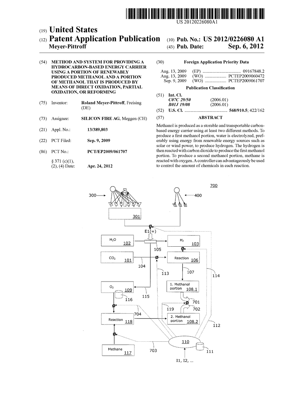 METHOD AND SYSTEM FOR PROVIDING A HYDROCARBON-BASED ENERGY CARRIER USING A     PORTION OF RENEWABLY PRODUCED METHANOL AND A PORTION OF METHANOL THAT IS     PRODUCED BY MEANS OF DIRECT OXIDATION, PARTIAL OXIDATION, OR REFORMING - diagram, schematic, and image 01