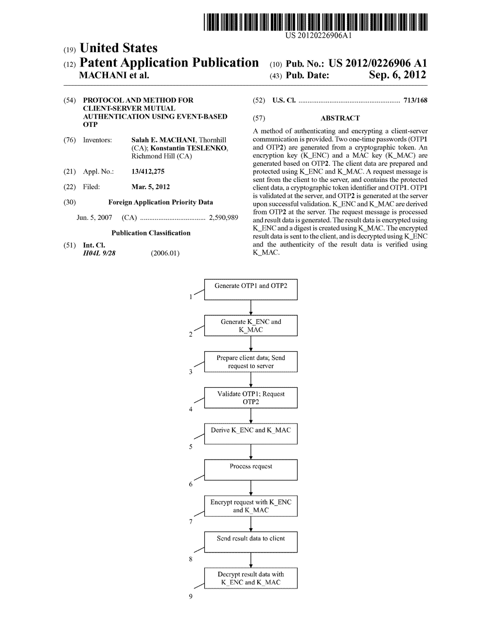 Protocol And Method For Client-Server Mutual Authentication Using     Event-Based OTP - diagram, schematic, and image 01