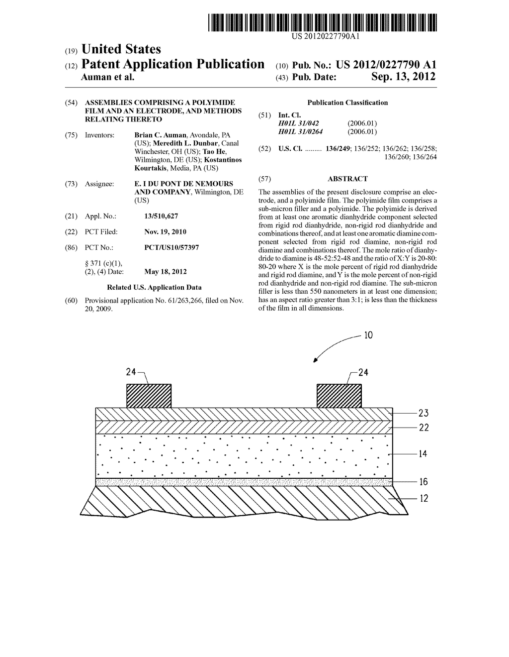 ASSEMBLIES COMPRISING A POLYIMIDE FILM AND AN ELECTRODE, AND METHODS     RELATING THERETO - diagram, schematic, and image 01