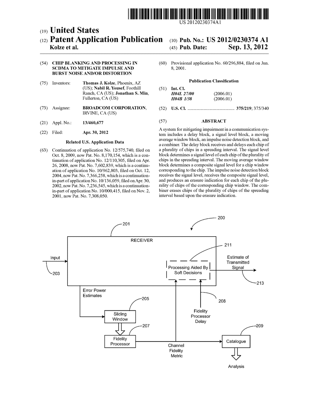 Chip blanking and processing in SCDMA to mitigate impulse and burst noise     and/or distortion - diagram, schematic, and image 01