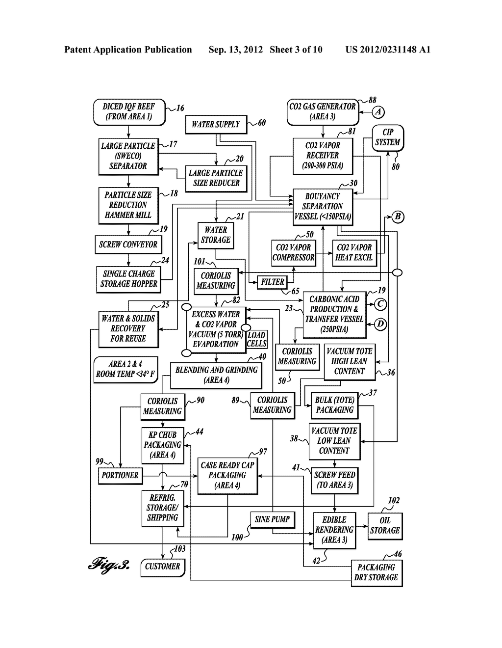 METHOD FOR SEPARATING BONE FRAGMENTS AND TALLOW FROM A SINGLE INGREDIENT     STREAM OF BEEF BY CONTROLLING THE FROZEN CONDITION OF THE BEEF AND     IMMERSING IN CARBONIC ACID AT ELEVATED PRESSURES - diagram, schematic, and image 04