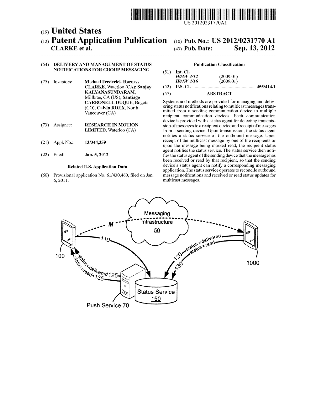 DELIVERY AND MANAGEMENT OF STATUS NOTIFICATIONS FOR GROUP MESSAGING - diagram, schematic, and image 01