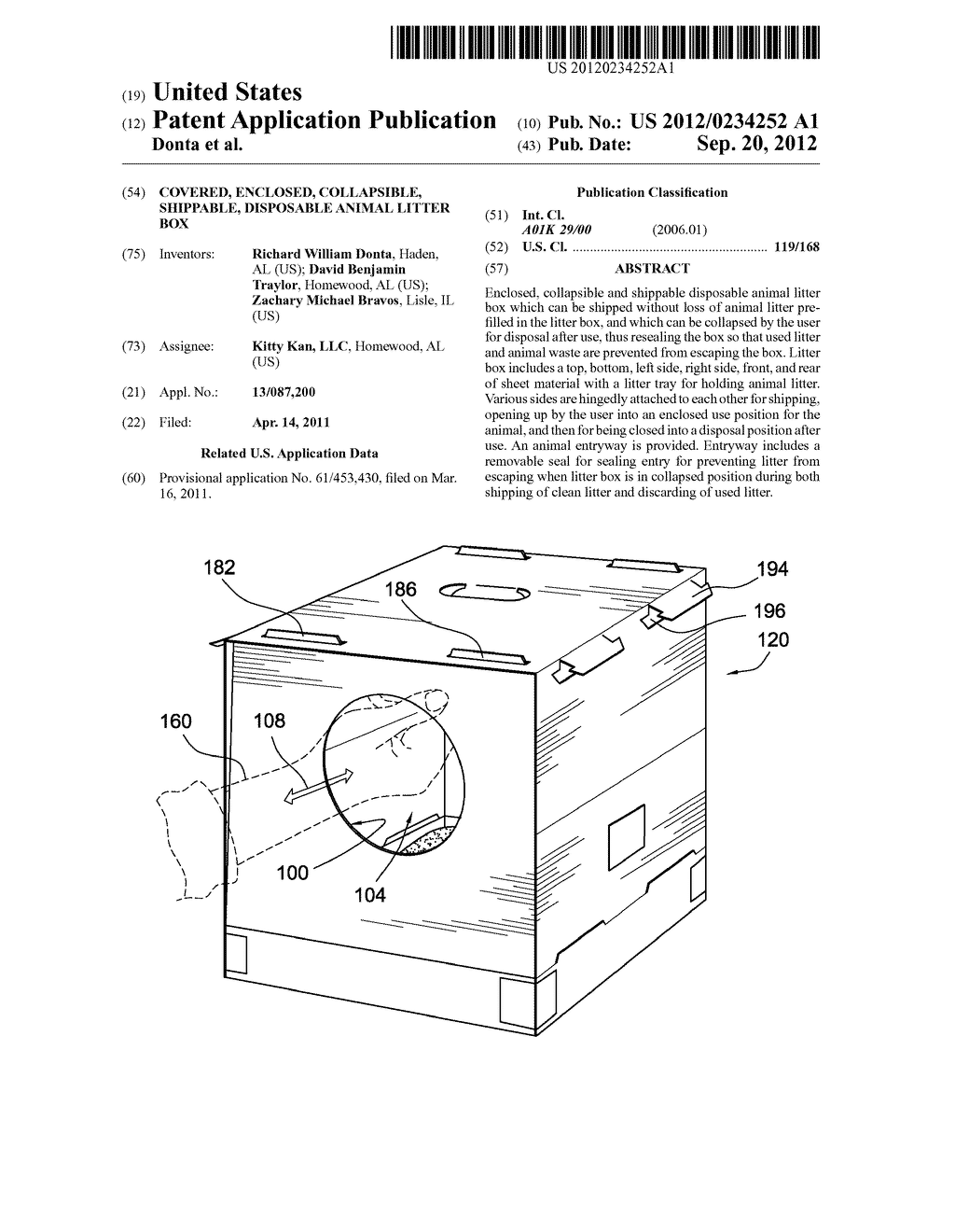 COVERED, ENCLOSED, COLLAPSIBLE, SHIPPABLE, DISPOSABLE ANIMAL LITTER BOX - diagram, schematic, and image 01