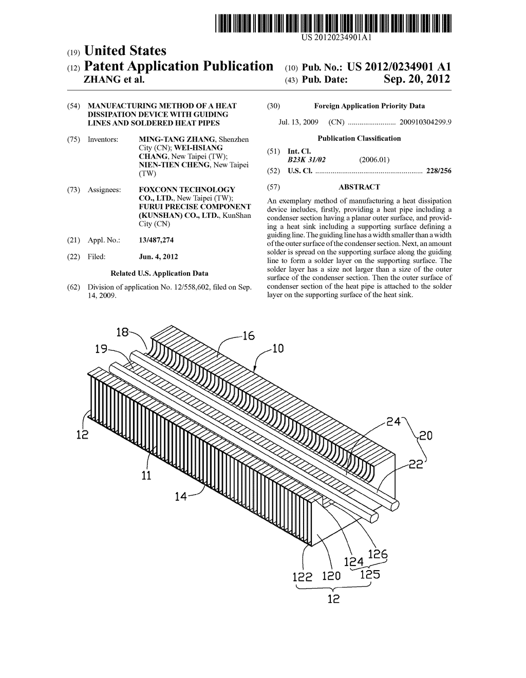 MANUFACTURING METHOD OF A HEAT DISSIPATION DEVICE WITH GUIDING LINES AND     SOLDERED HEAT PIPES - diagram, schematic, and image 01