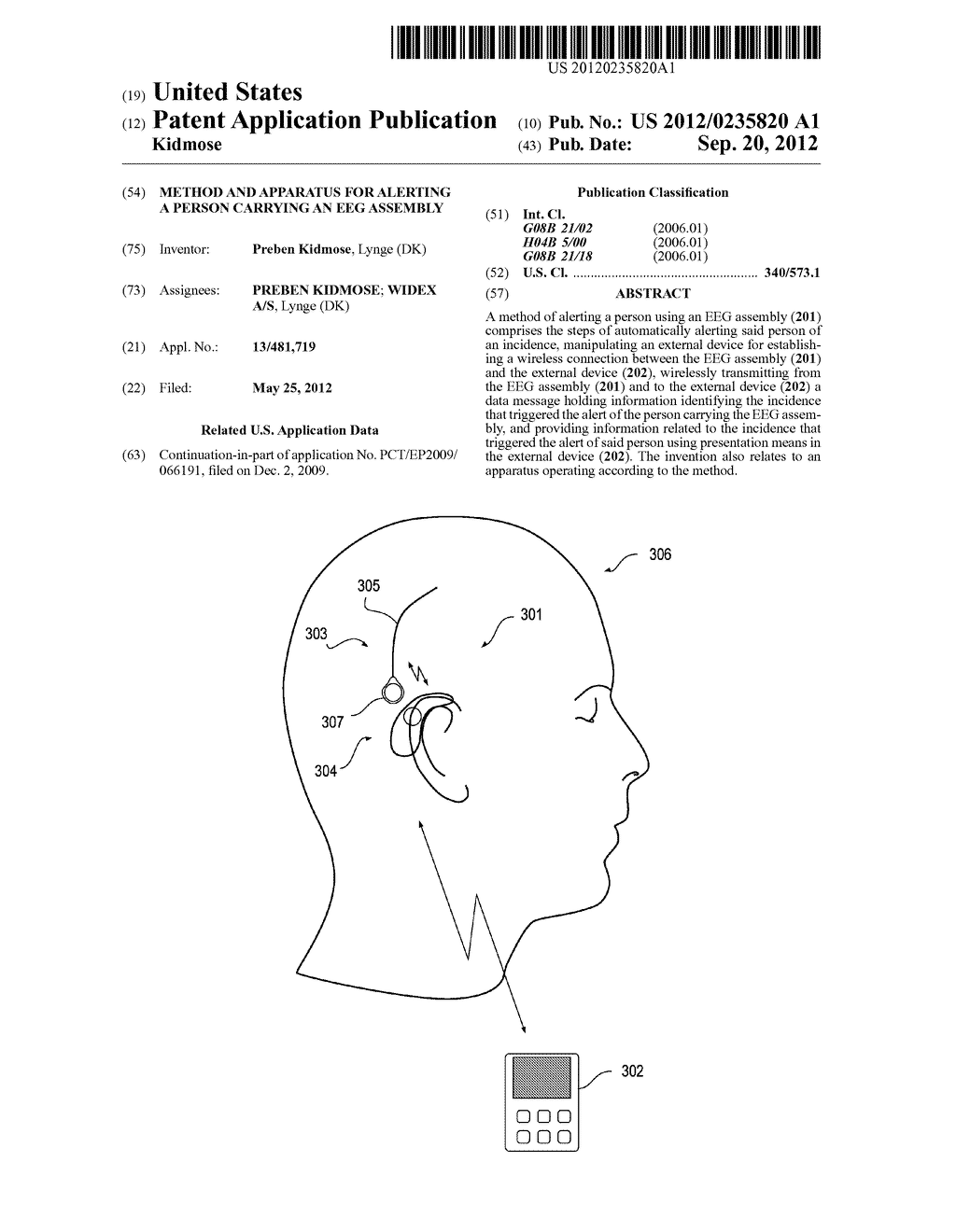 METHOD AND APPARATUS FOR ALERTING A PERSON CARRYING AN EEG ASSEMBLY - diagram, schematic, and image 01