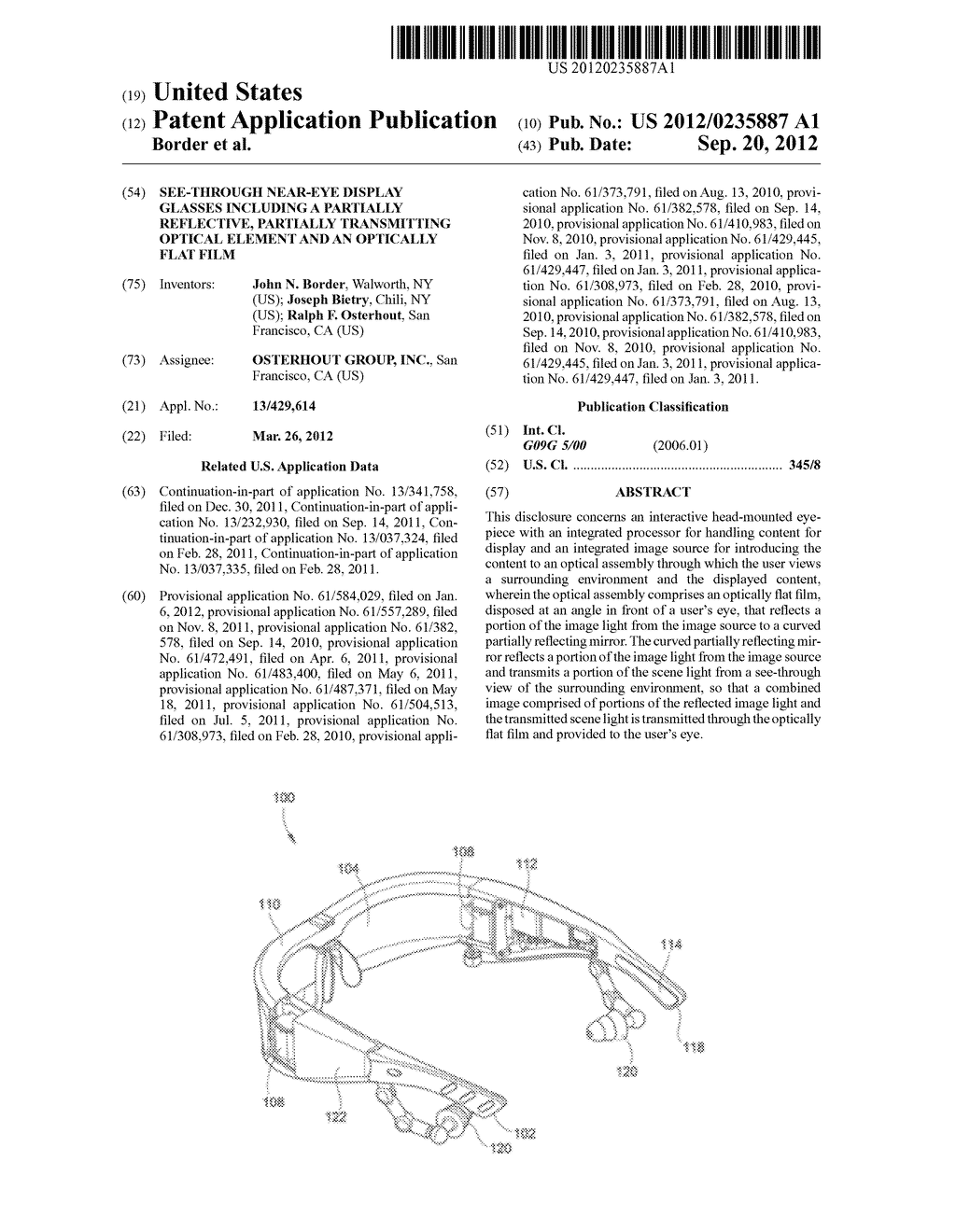 SEE-THROUGH NEAR-EYE DISPLAY GLASSES INCLUDING A PARTIALLY REFLECTIVE,     PARTIALLY TRANSMITTING OPTICAL ELEMENT AND AN OPTICALLY FLAT FILM - diagram, schematic, and image 01