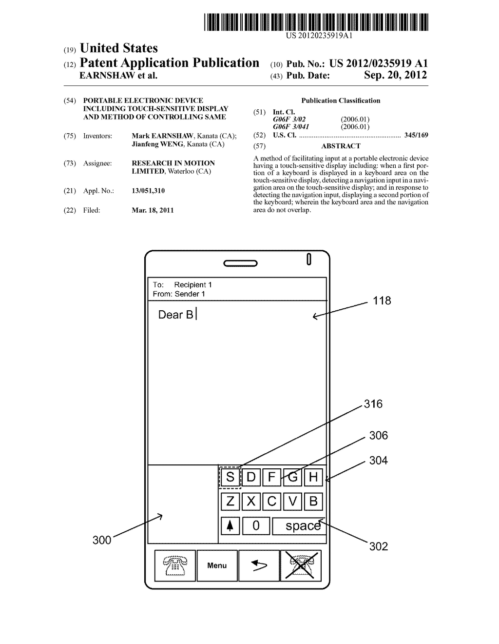 PORTABLE ELECTRONIC DEVICE INCLUDING TOUCH-SENSITIVE DISPLAY AND METHOD OF     CONTROLLING SAME - diagram, schematic, and image 01