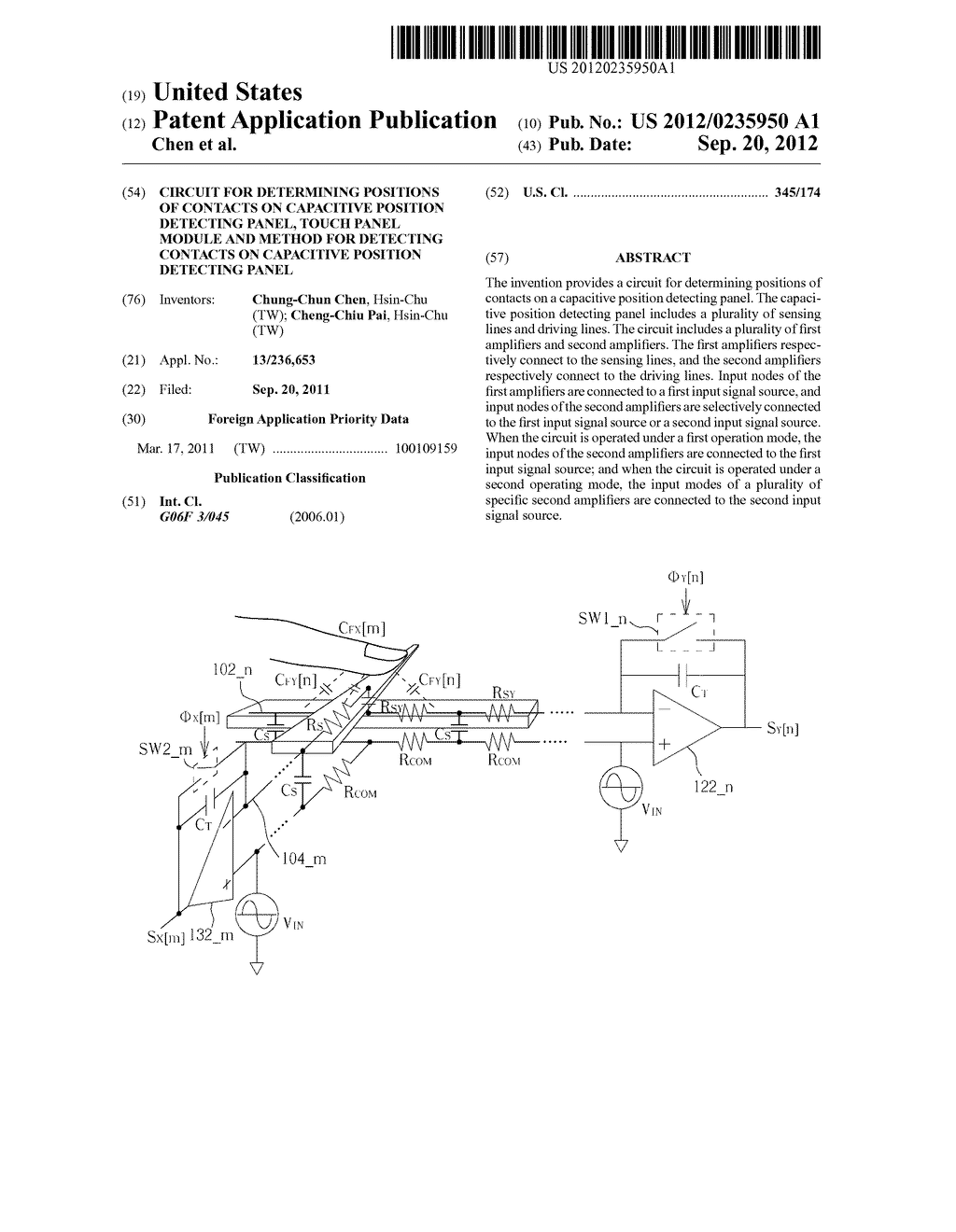 CIRCUIT FOR DETERMINING POSITIONS OF CONTACTS ON CAPACITIVE POSITION     DETECTING PANEL, TOUCH PANEL MODULE AND METHOD FOR DETECTING CONTACTS ON     CAPACITIVE POSITION DETECTING PANEL - diagram, schematic, and image 01