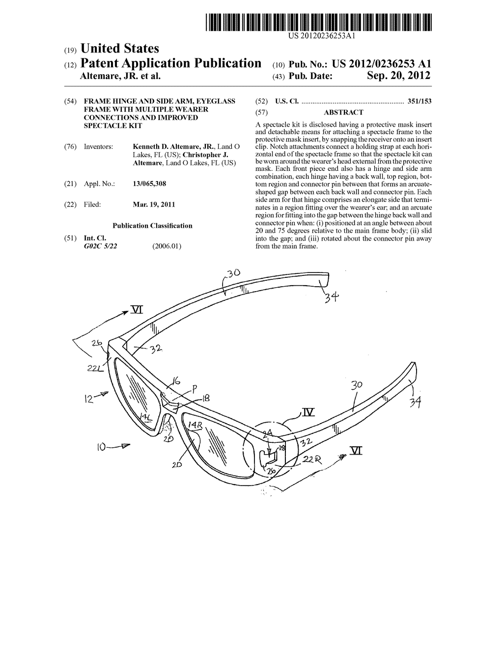 Frame hinge and side arm, eyeglass frame with multiple wearer connections     and improved spectacle kit - diagram, schematic, and image 01