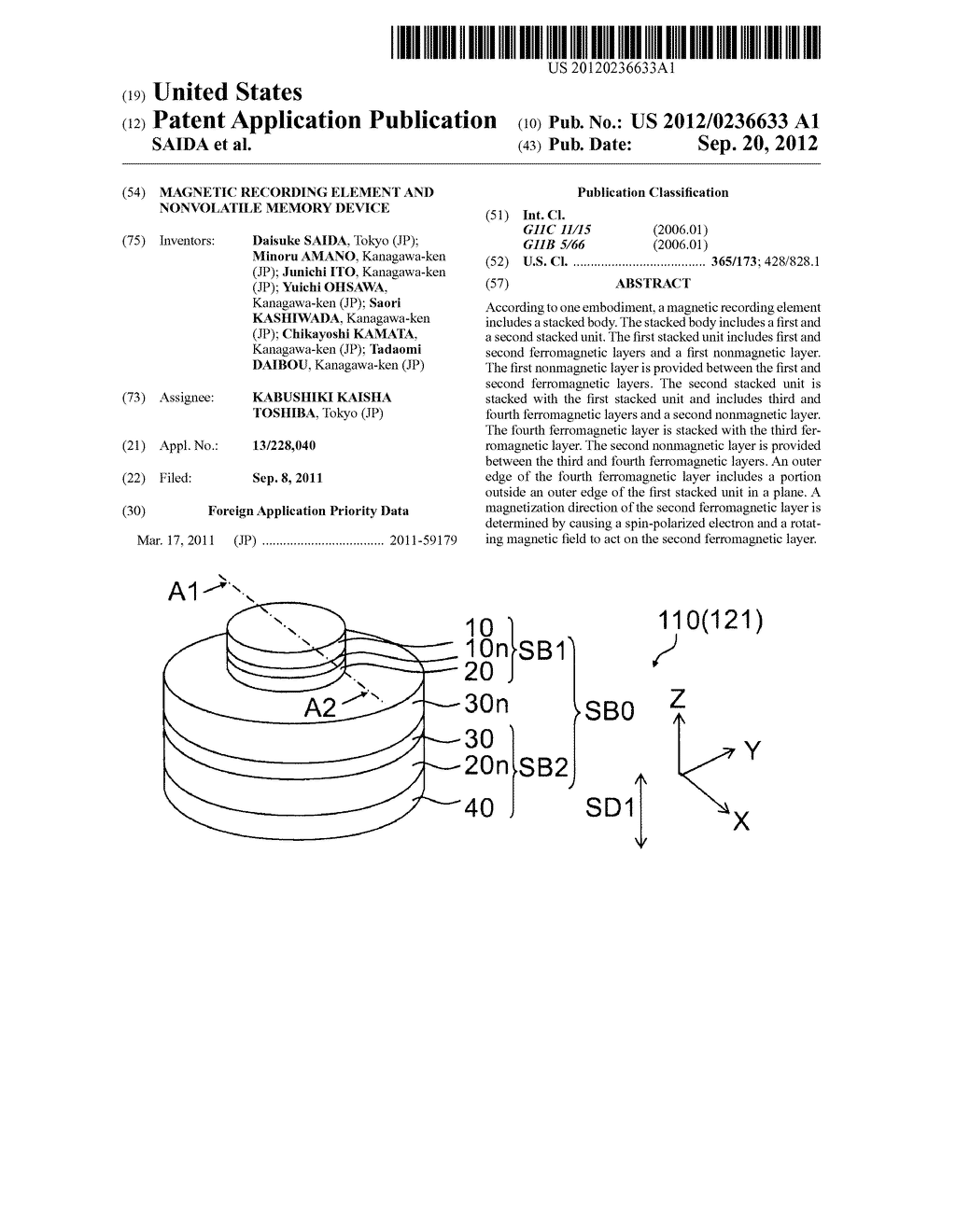 MAGNETIC RECORDING ELEMENT AND NONVOLATILE MEMORY DEVICE - diagram, schematic, and image 01