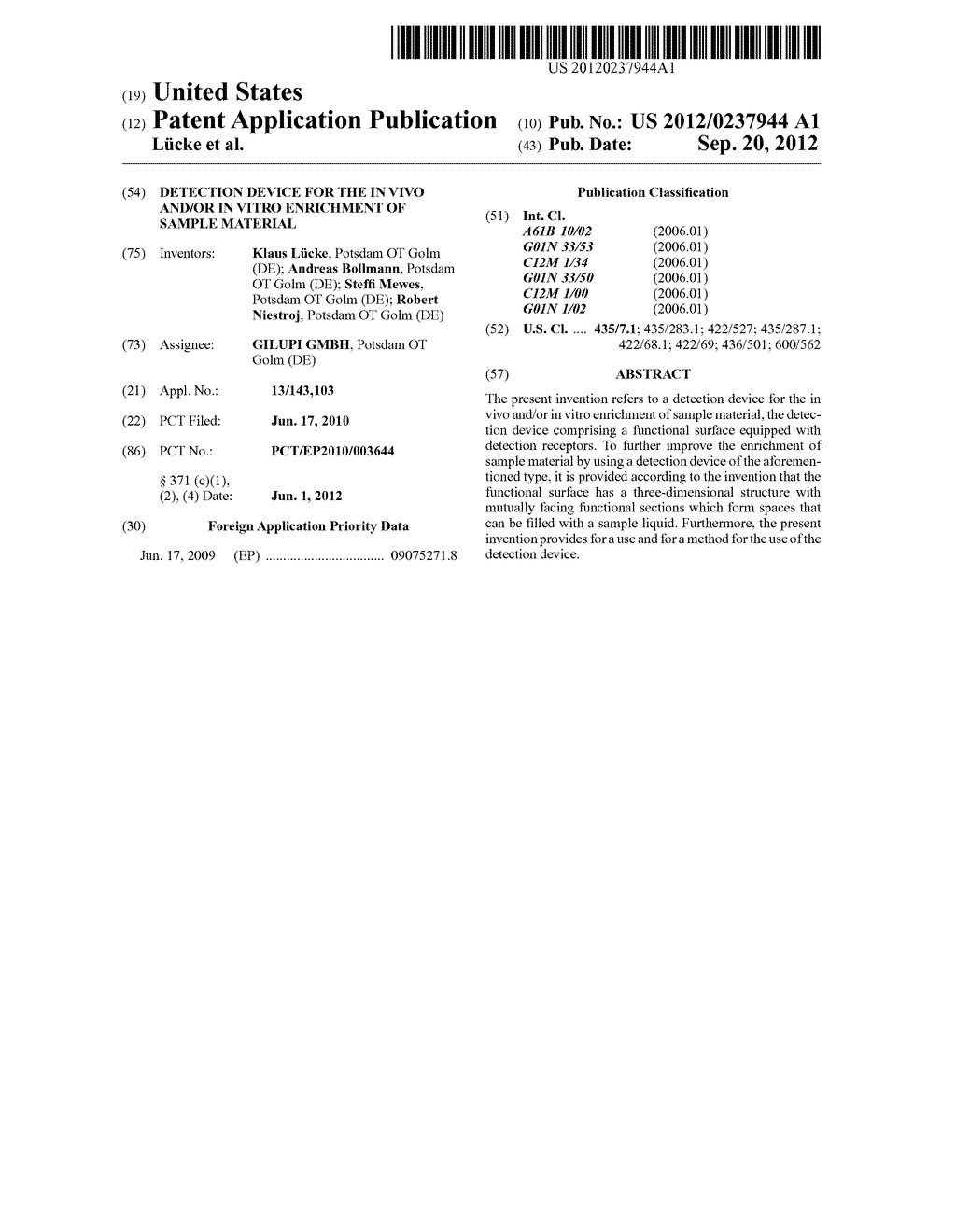 DETECTION DEVICE FOR THE IN VIVO AND/OR IN VITRO ENRICHMENT OF SAMPLE     MATERIAL - diagram, schematic, and image 01