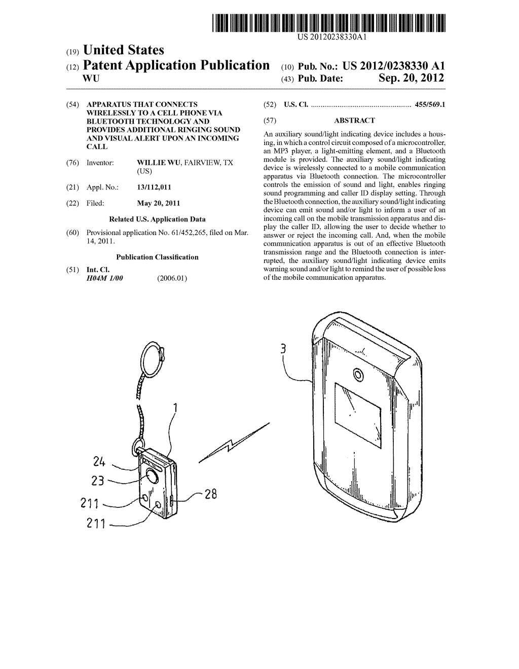 APPARATUS THAT CONNECTS WIRELESSLY TO A CELL PHONE VIA BLUETOOTH     TECHNOLOGY AND PROVIDES ADDITIONAL RINGING SOUND AND VISUAL ALERT UPON AN     INCOMING CALL - diagram, schematic, and image 01