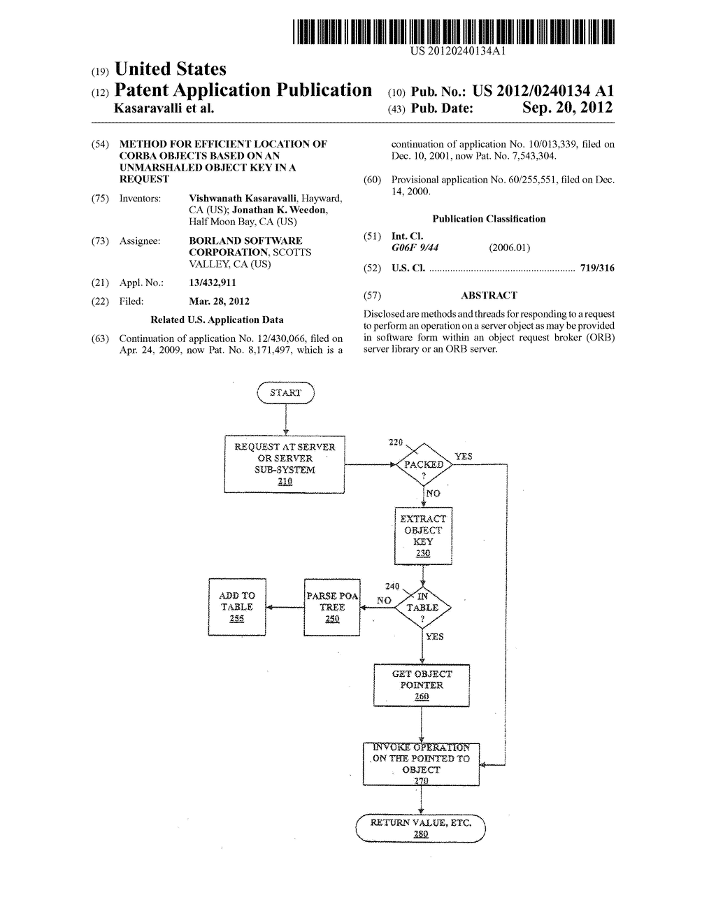 METHOD FOR EFFICIENT LOCATION OF CORBA OBJECTS BASED ON AN UNMARSHALED     OBJECT KEY IN A REQUEST - diagram, schematic, and image 01