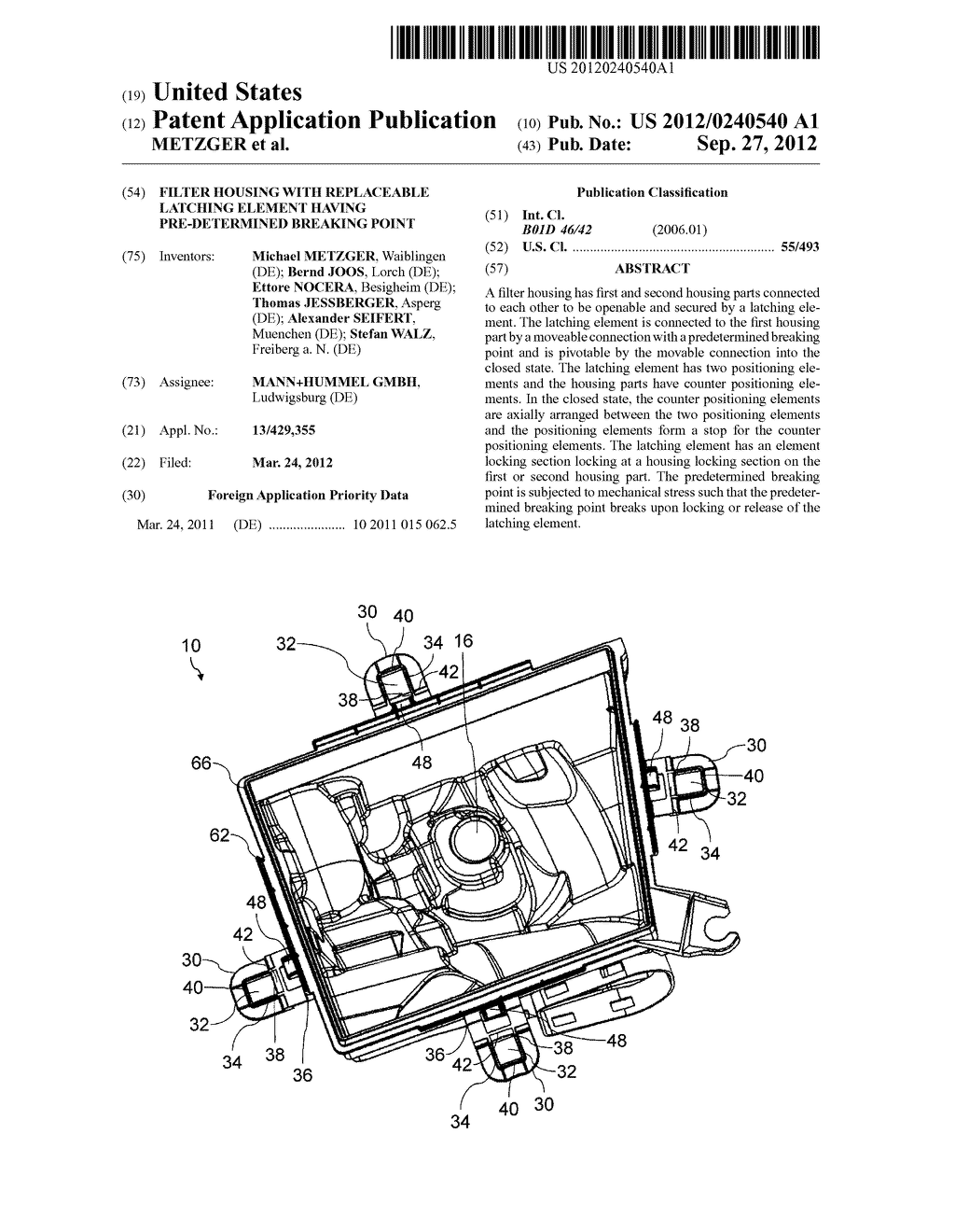 FILTER HOUSING WITH REPLACEABLE LATCHING ELEMENT HAVING PRE-DETERMINED     BREAKING POINT - diagram, schematic, and image 01