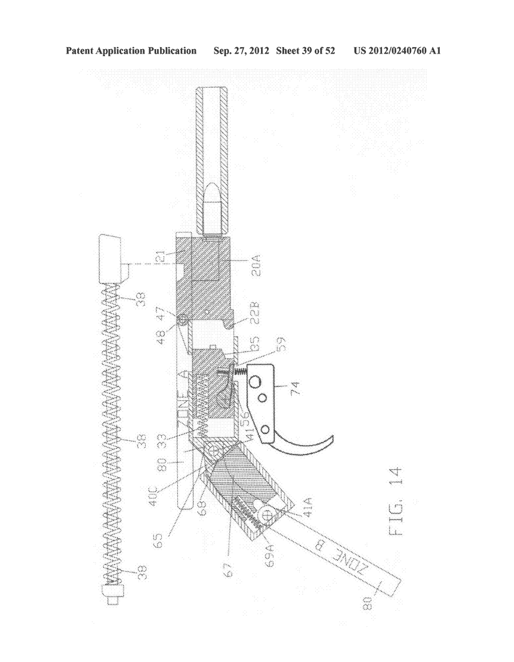 Firearm having an articulated bolt train with transversally displacing     firing mechanism, delay blowback breech opening, and recoil damper - diagram, schematic, and image 40