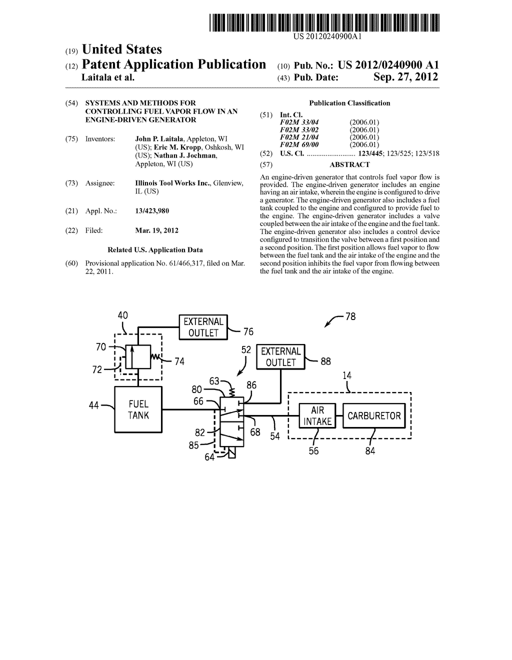 SYSTEMS AND METHODS FOR CONTROLLING FUEL VAPOR FLOW IN AN ENGINE-DRIVEN     GENERATOR - diagram, schematic, and image 01