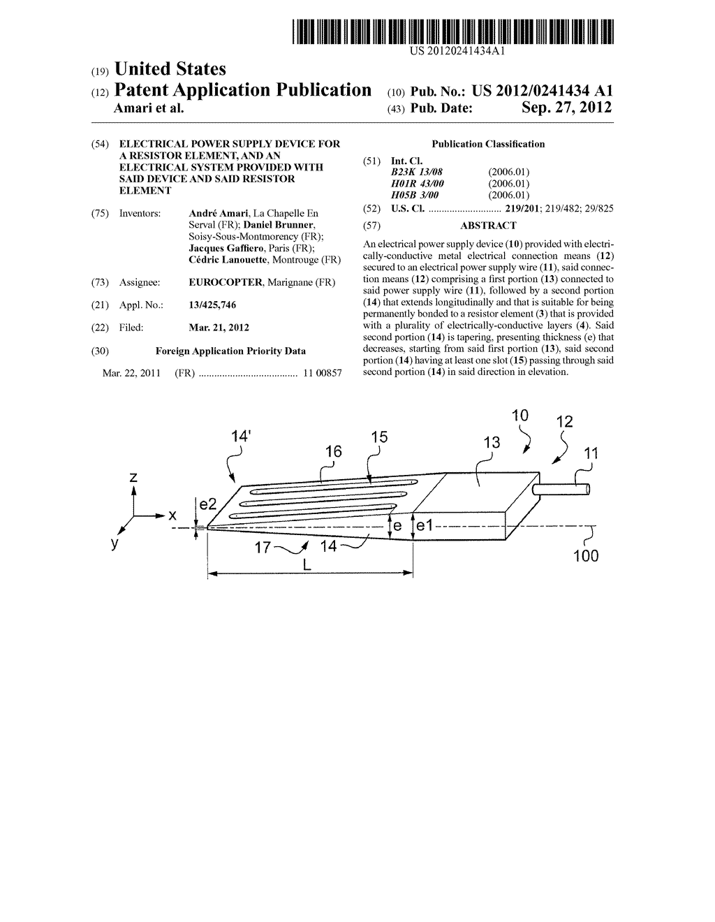 ELECTRICAL POWER SUPPLY DEVICE FOR A RESISTOR ELEMENT, AND AN ELECTRICAL     SYSTEM PROVIDED WITH SAID DEVICE AND SAID RESISTOR ELEMENT - diagram, schematic, and image 01