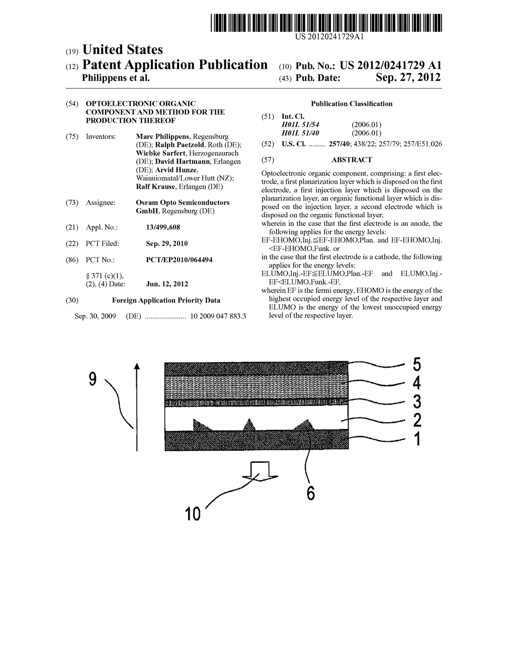 Optoelectronic Organic Component and Method for the Production Thereof - diagram, schematic, and image 01