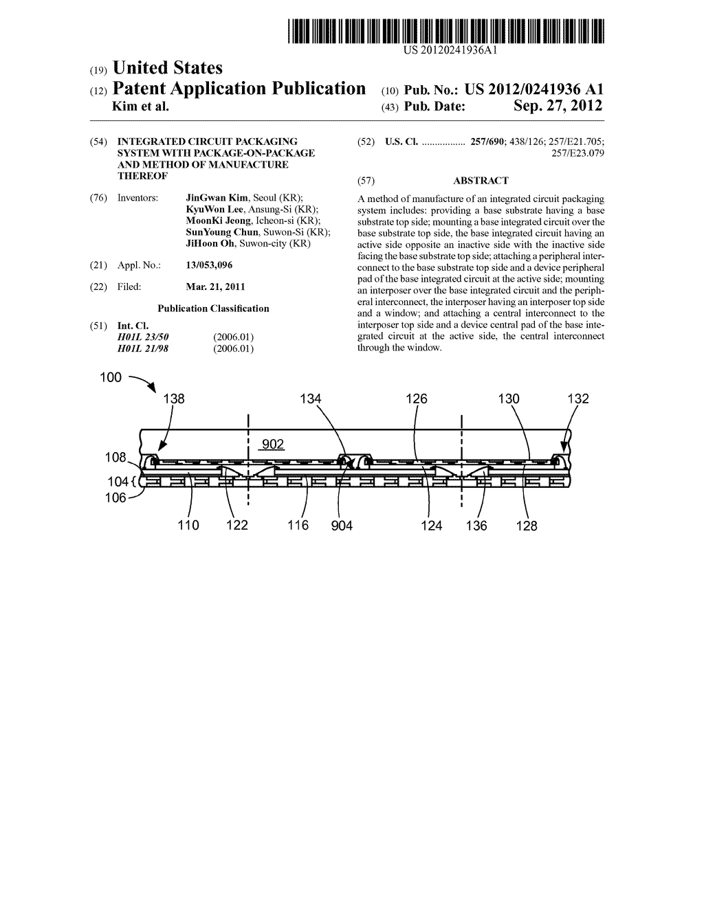 INTEGRATED CIRCUIT PACKAGING SYSTEM WITH PACKAGE-ON-PACKAGE AND METHOD OF     MANUFACTURE THEREOF - diagram, schematic, and image 01