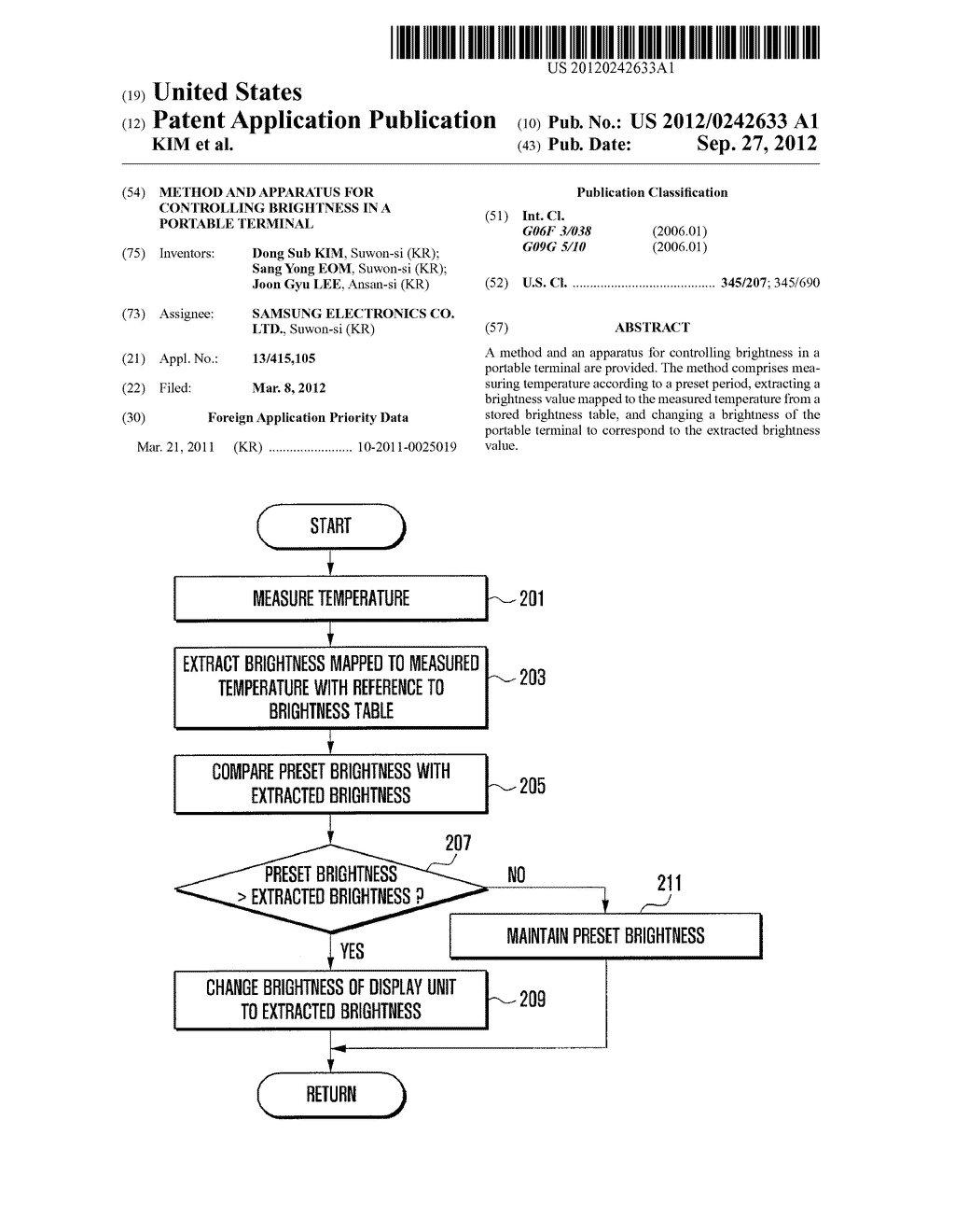 METHOD AND APPARATUS FOR CONTROLLING BRIGHTNESS IN A PORTABLE TERMINAL - diagram, schematic, and image 01