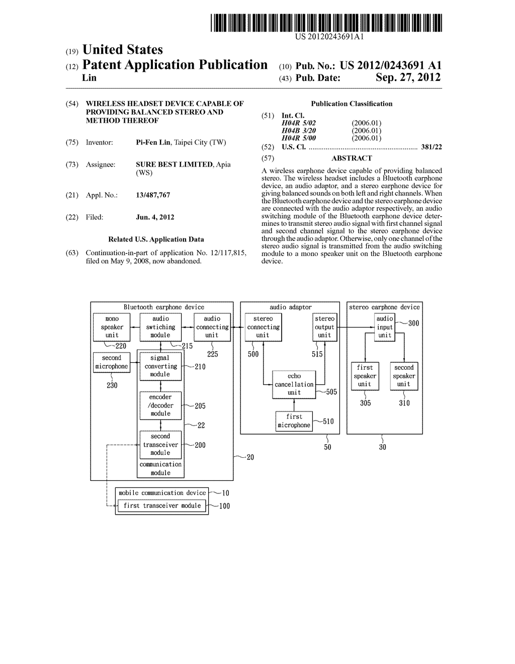 WIRELESS HEADSET DEVICE CAPABLE OF PROVIDING BALANCED STEREO AND METHOD     THEREOF - diagram, schematic, and image 01