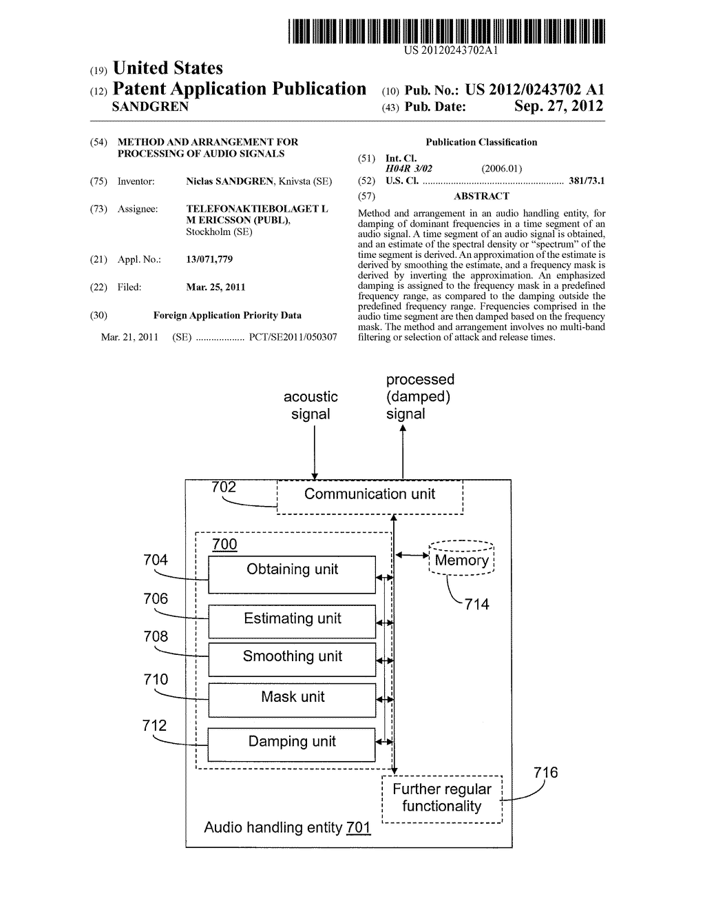 METHOD AND ARRANGEMENT FOR PROCESSING OF AUDIO SIGNALS - diagram, schematic, and image 01