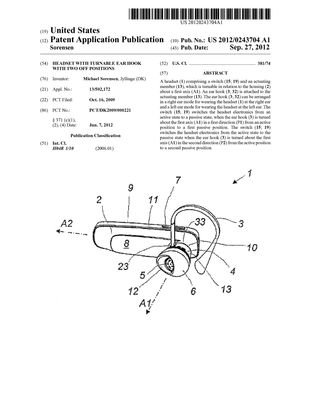 Headset With Turnable Ear Hook With Two Off Positions - diagram, schematic, and image 01